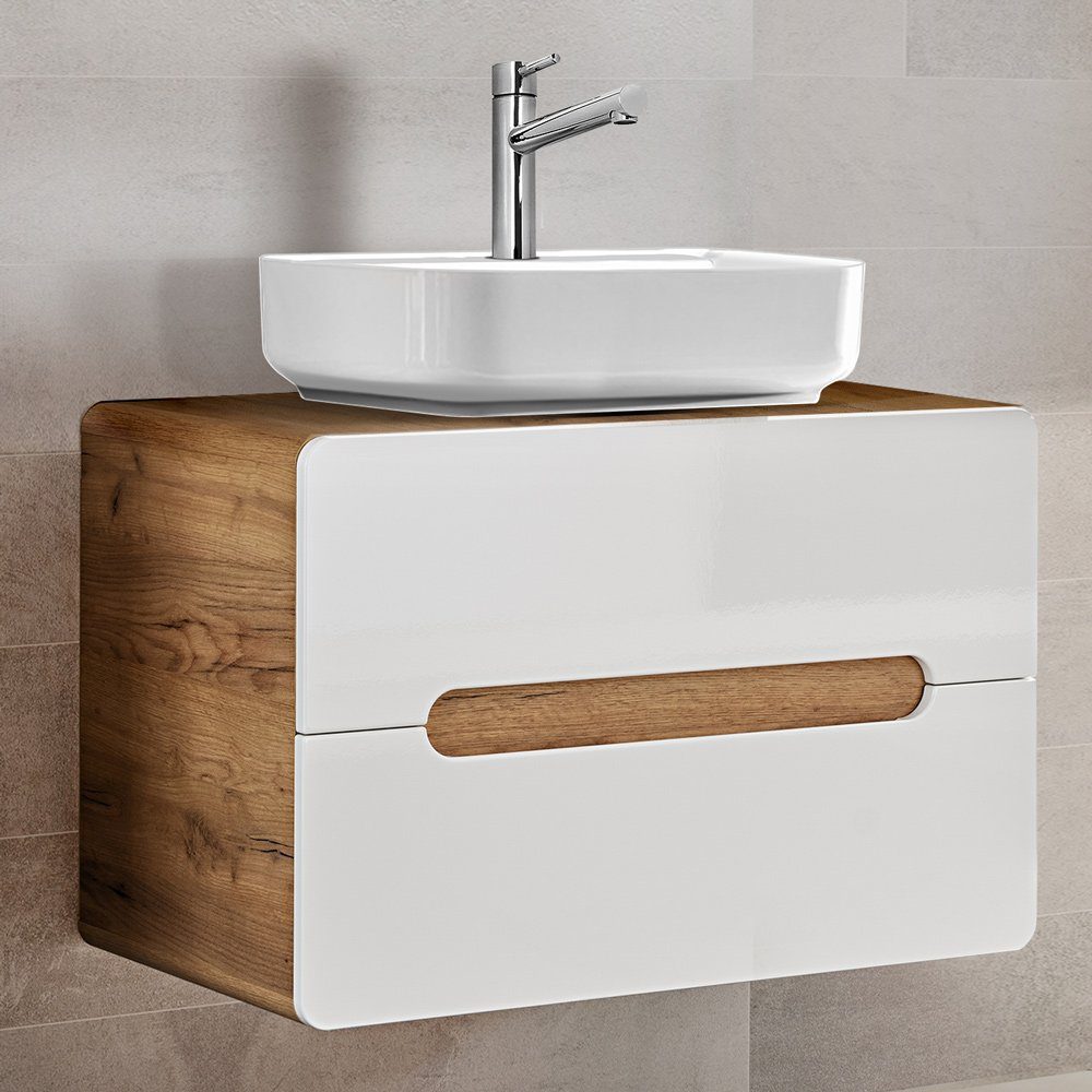 Lomadox Badmöbel-Set LUTON-56, (5-St), weiß mit Wotan Eiche Nb. mit LED-Spiegelschrank 130/200/46 cm