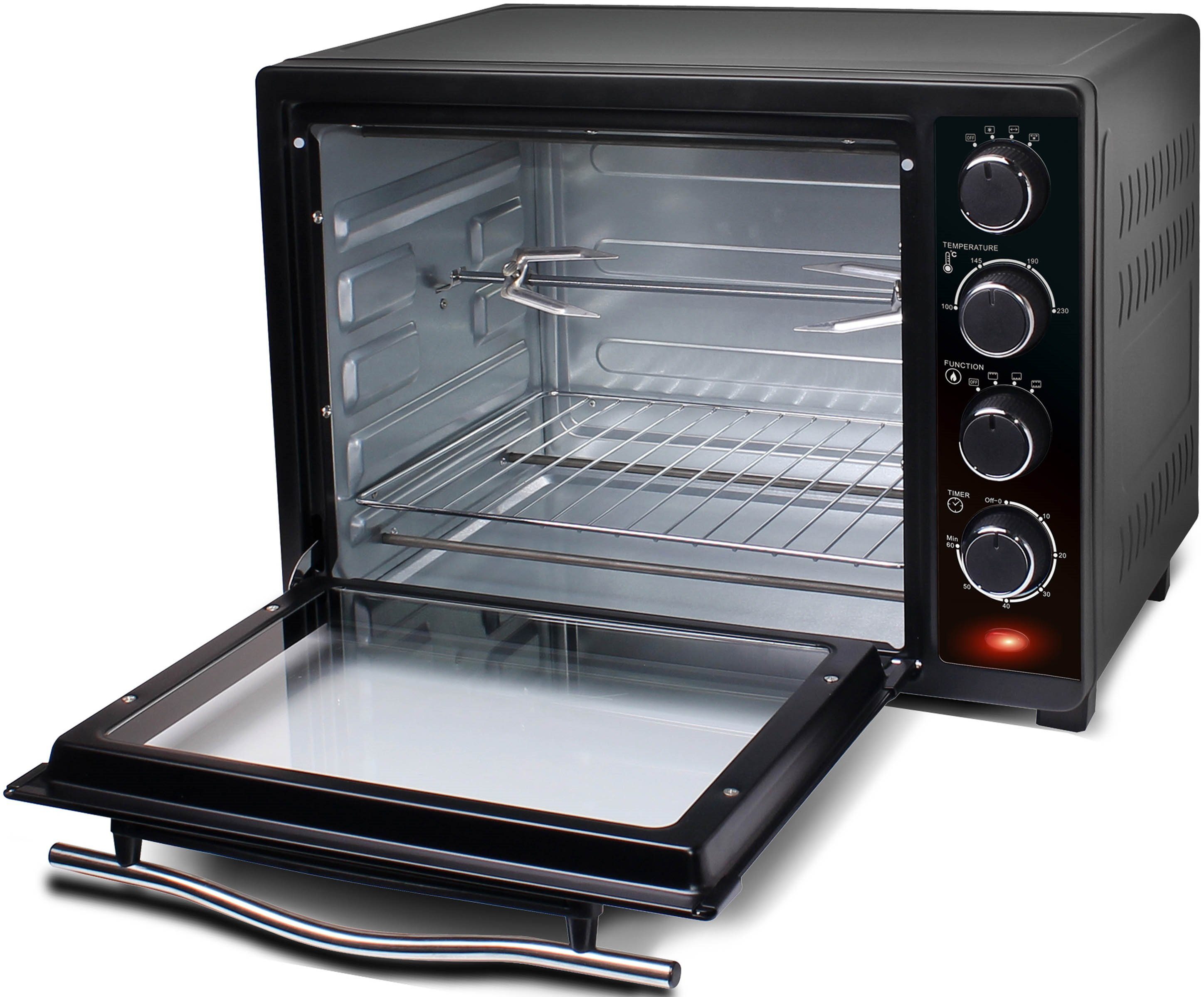 TurboTronic by Z-Line Minibackofen 35 Liter Schwarz, inkl. 1x Grillrost & 2x Backblech 1600W Camping, Pizzaofen 100-230°C Tischbackofen, mit Drehspieß