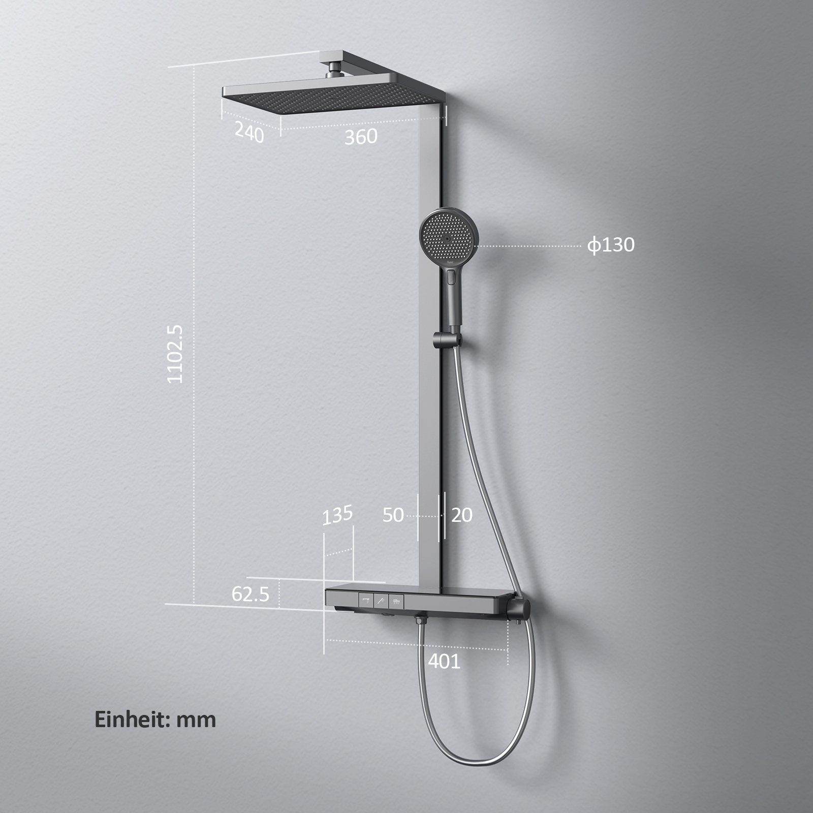 EMKE Duschsystem Duschsystem mit Thermostat Duschset mit 40cm Thermostatische Platte, 4 Strahlart(en), Brausestange, Handbrause, Regendusche, Wasserauslass, Anthrazit Matt