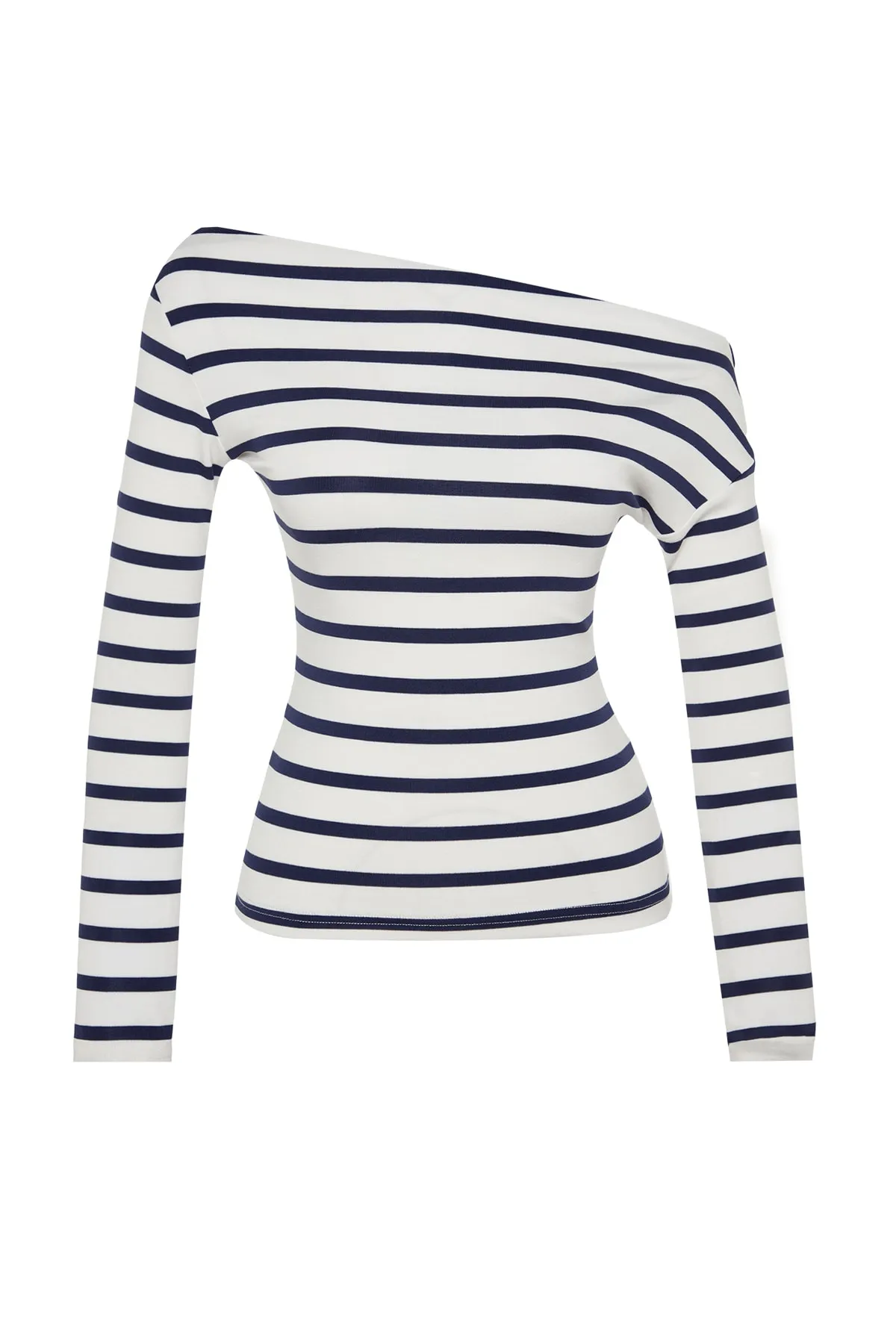 Trendyol Collection  Marineblaue gestreifte Strickbluse aus hochwertigem, weichem Stoff mit U-Boot-Ausschnitt TWOAW24BZ00227
