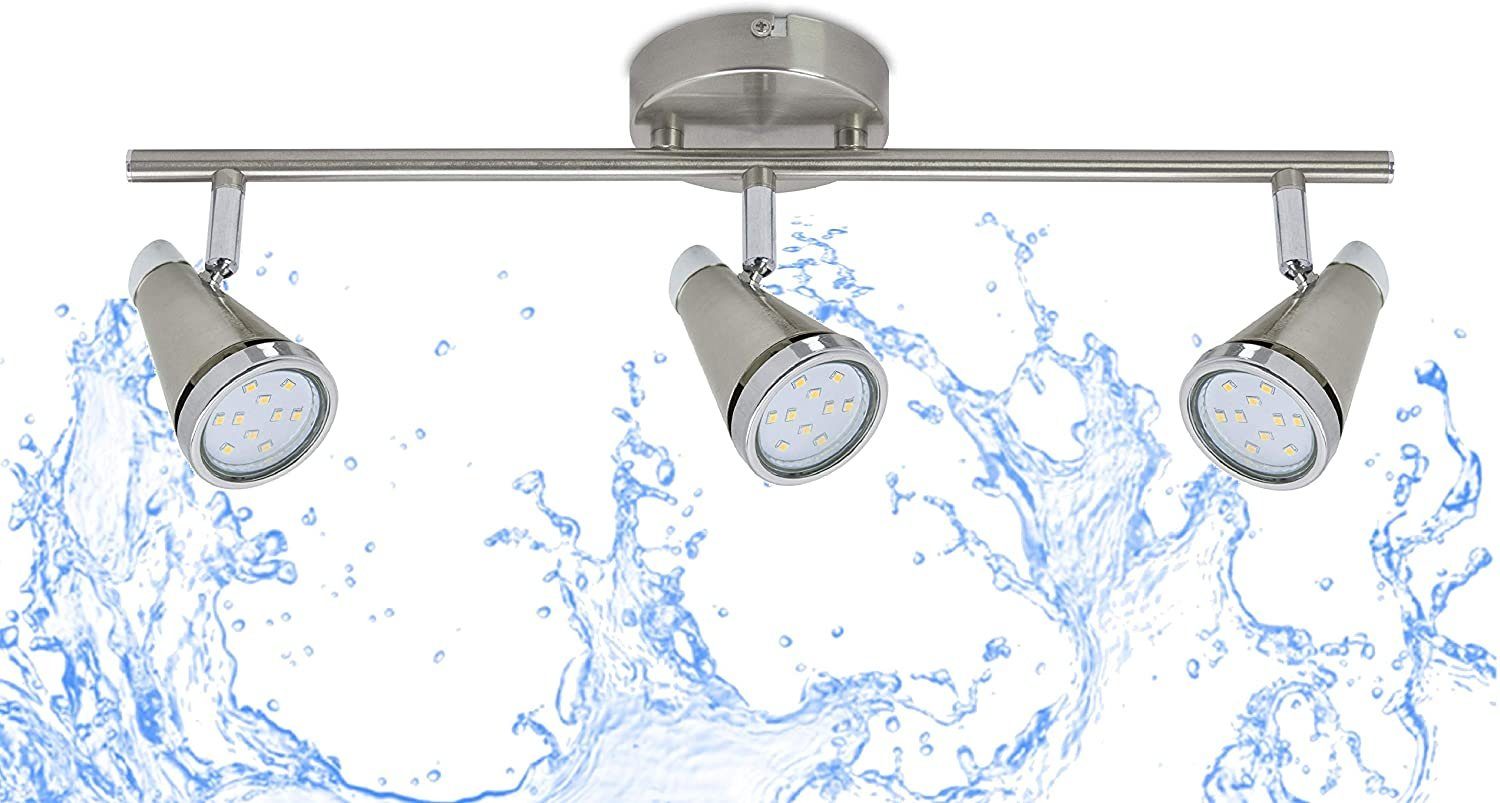 TRANGO LED Deckenleuchte, 3-flammig 1009-32 LED Badleuchte IP44 *WET* Bad Deckenleuchte in Nickel matt & Chrom, Flurlampe, WC Lampe, Deckenlampe, Deckenstrahler, inklusive 3x 5 W GU10 LED Leuchtmittel Spots schwenkbar