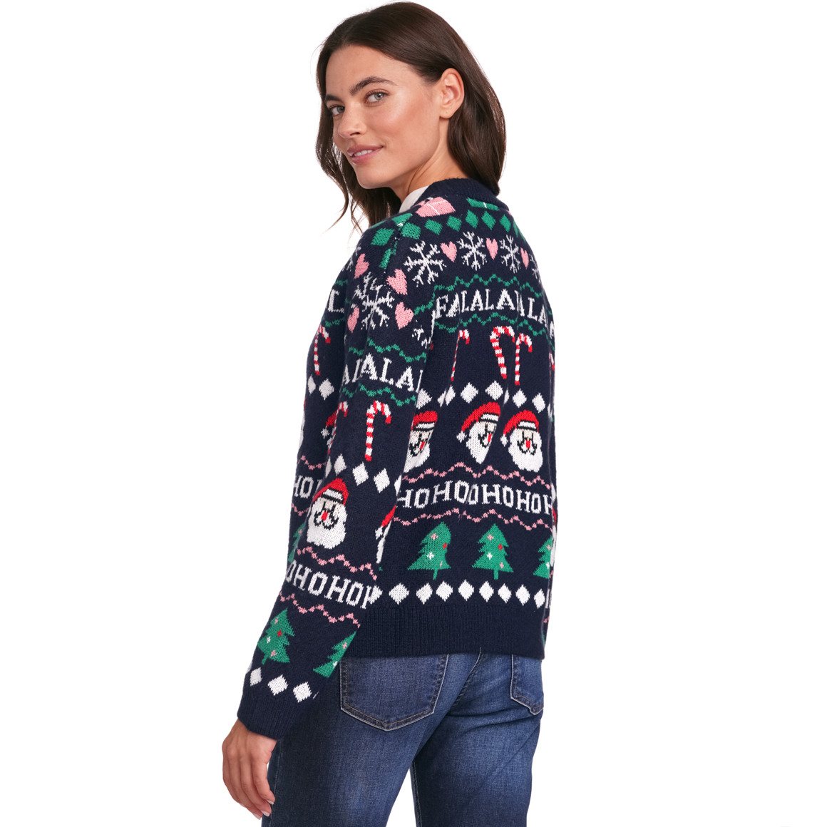Damen Weihnachtsstrickjacke mit V-Ausschnitt dunkelblau