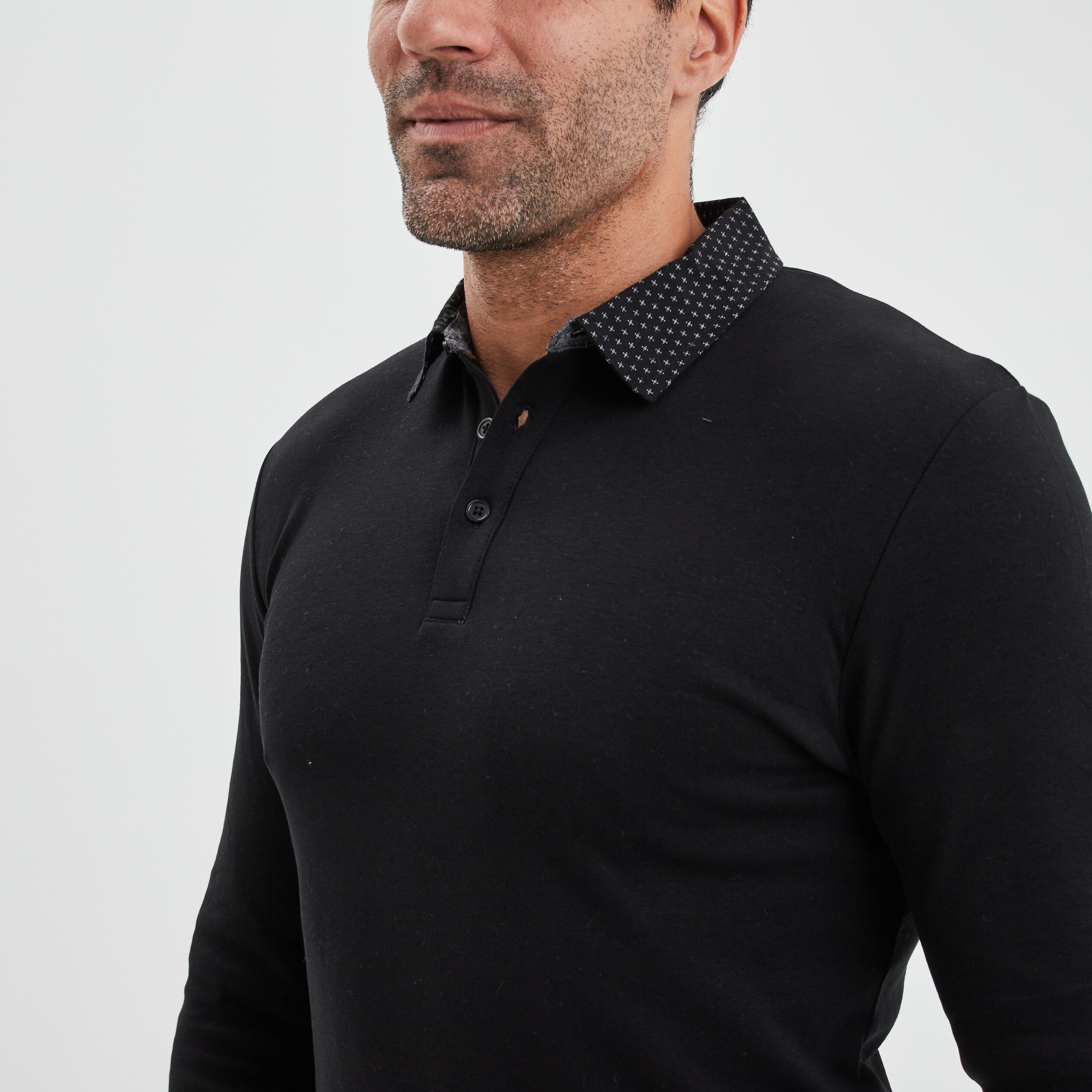 Polo col boutonné manches longues coton noir homme | La Halle