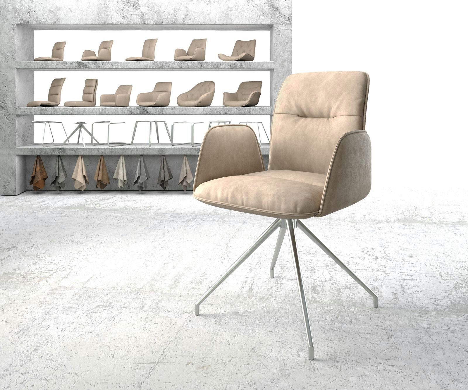 DELIFE Polsterstuhl Vinja-Flex, Kreuzgestell konisch Edelstahl Beige Vintage 180° drehbar