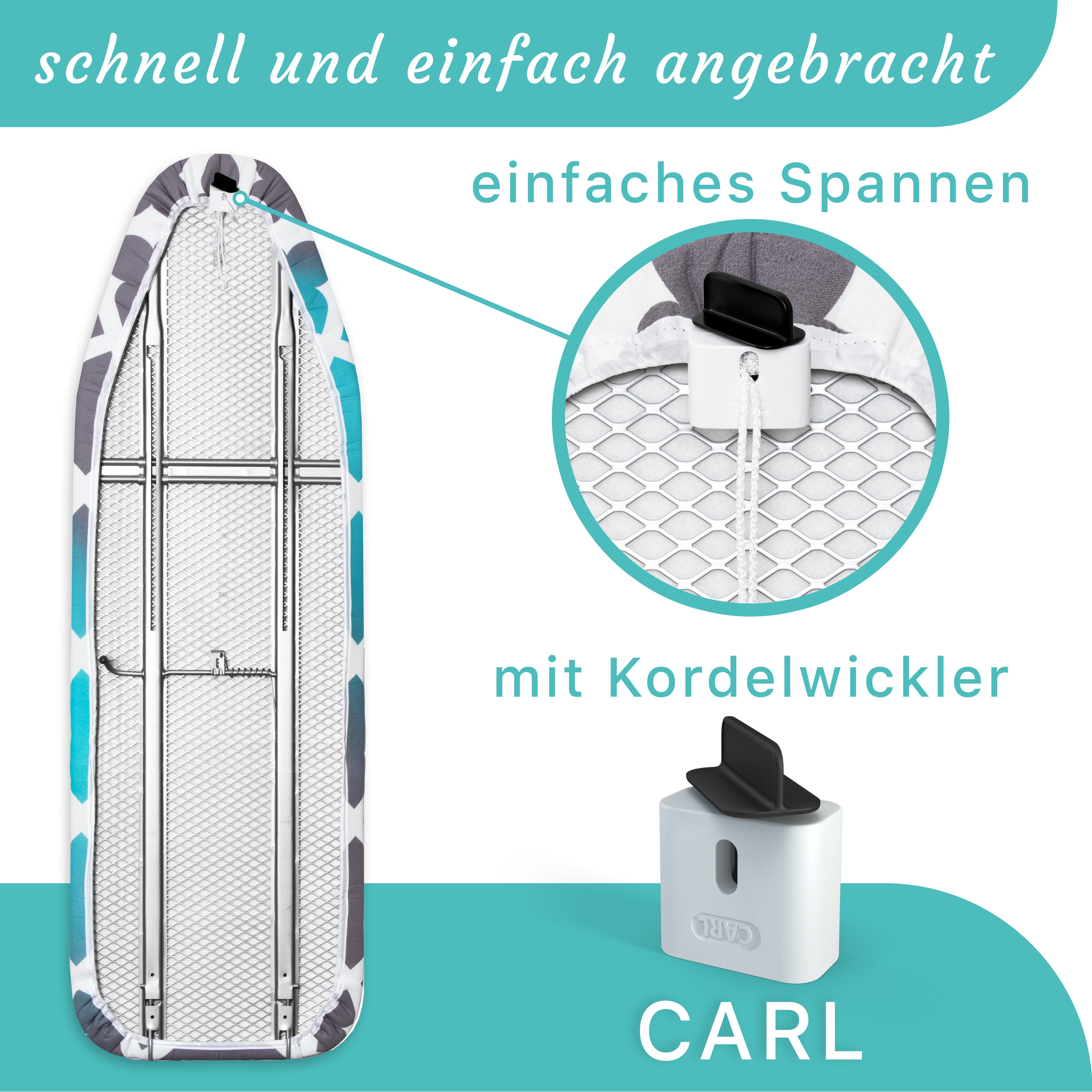 Timbley Bügelbrettbezug in 9 Varianten Made in EU grau/türkis-grau, Zubehör für Bügeltische, 108-115cm, 116-125 cm, 130-140cm