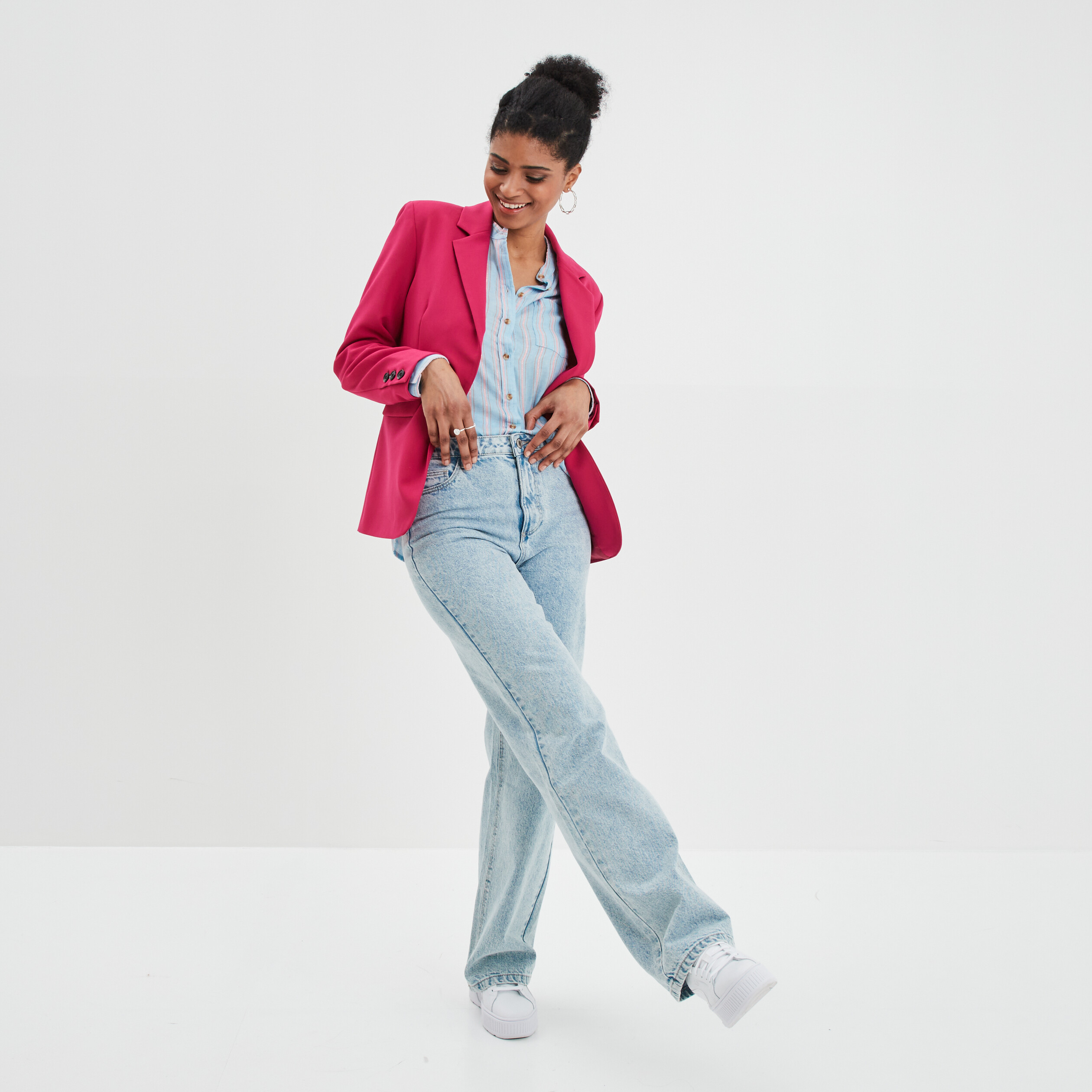 Veste droite boutonnée manches longues rose framboise femme | La Halle