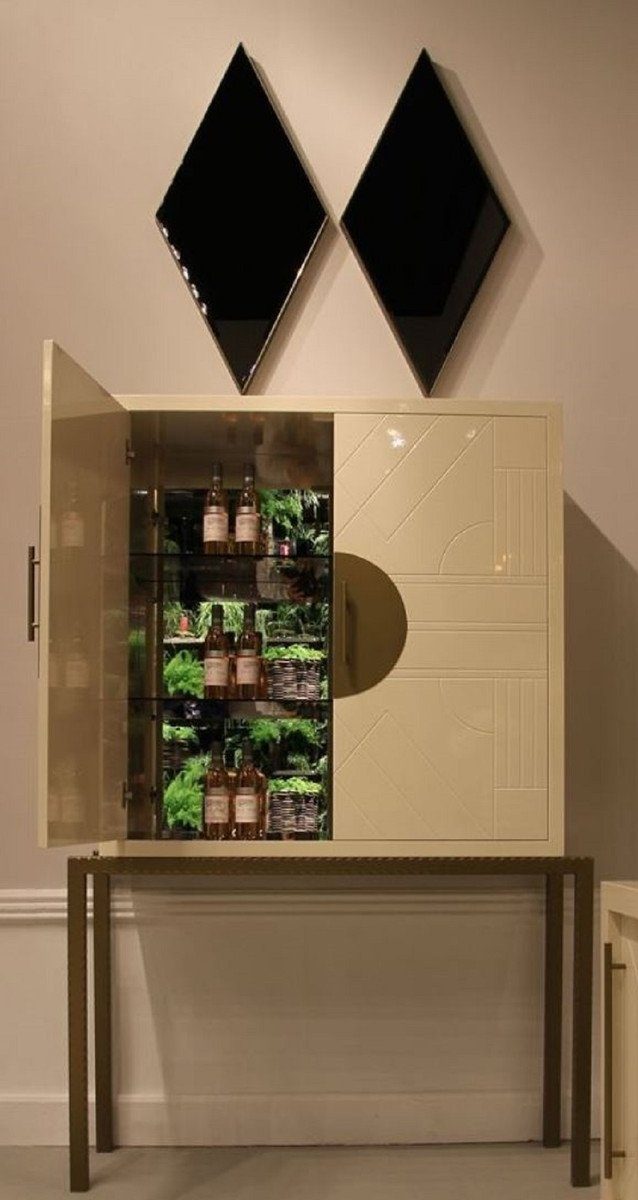 Casa Padrino Barschrank Designer Barschrank Creme / Messing 120 x 40 x H. 190 cm - Edler Weinschrank mit hochwertigen Keramikfliesen - Bar Möbel - Hotel Möbel - Luxus Qualität