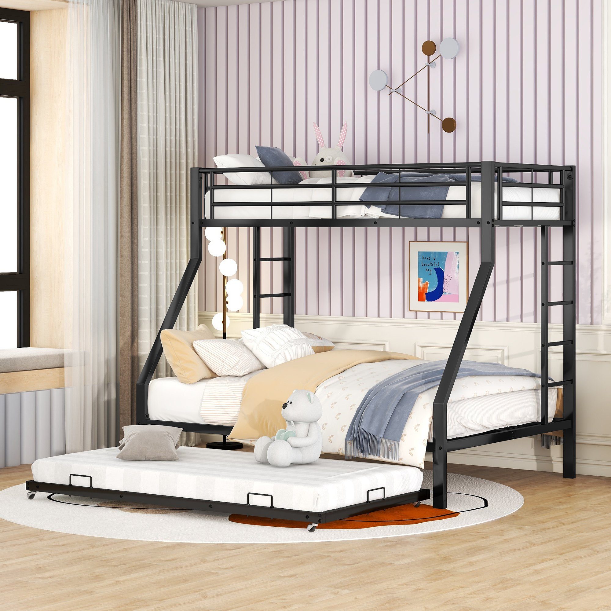 WISHDOR Kinderbett Einzelbett, Bett, Etagenbett, Metallbett mit ausziehbarem Bett (mit Leiter auf beiden Seiten für Kinder Jugendliche, Erwachsene, einfach zu montieren, 90(140)x200cm), Ohne Matratze