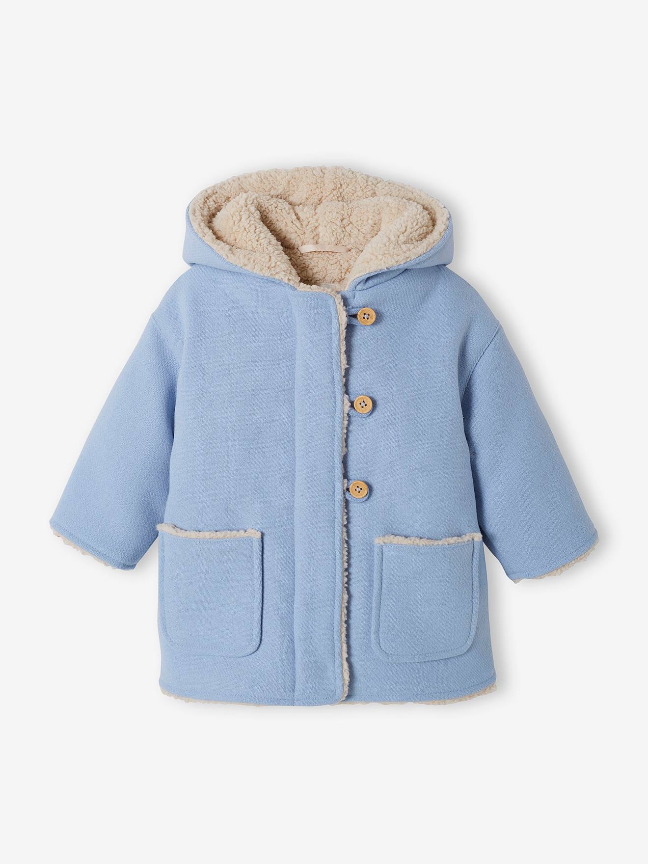 Manteau en drap de laine bébé doublé de fausse fourrure bleu ciel