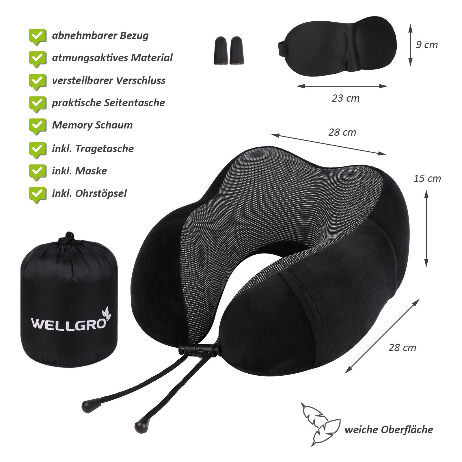 Wellgro Nackenkissen Nackenkissen mit 3D Schlafmaske und Ohrstöpsel - abnehmbarer Bezug