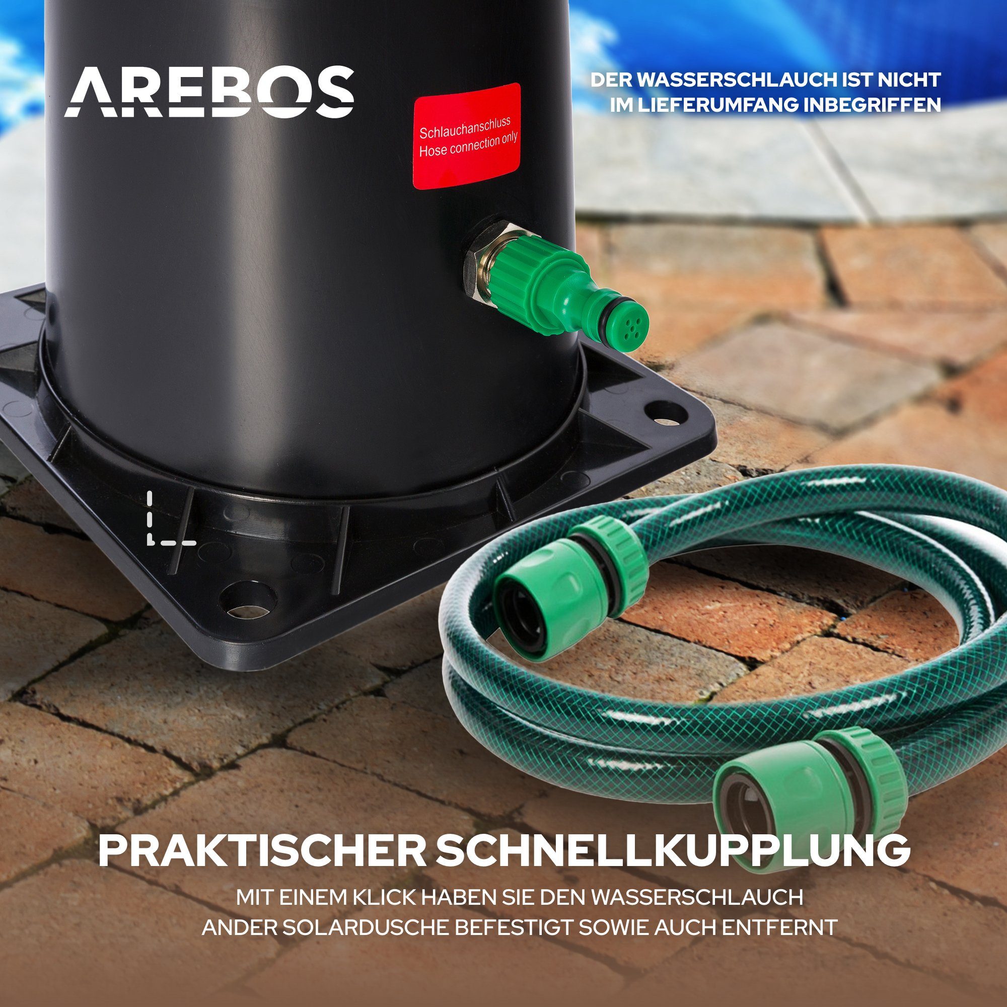 Arebos Solardusche 20 Liter, mit integriertem Thermometer & Fußdusche (Set), Inkl. Abdeckhaube