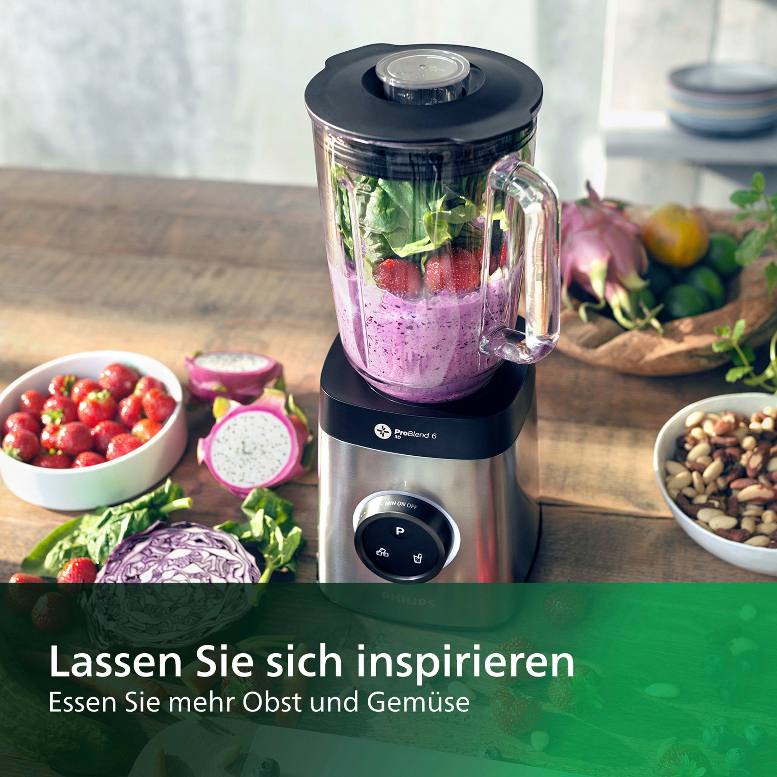 Philips Standmixer HR3655/00, 1400 W, ProBlend 6 3D Technologie, 2 Liter Glasbehälter, 2x Trinkflaschen