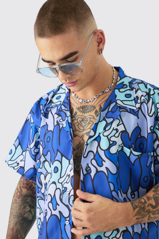 Kastiges Ripstop Hemd mit Graffiti-Print & Badehose