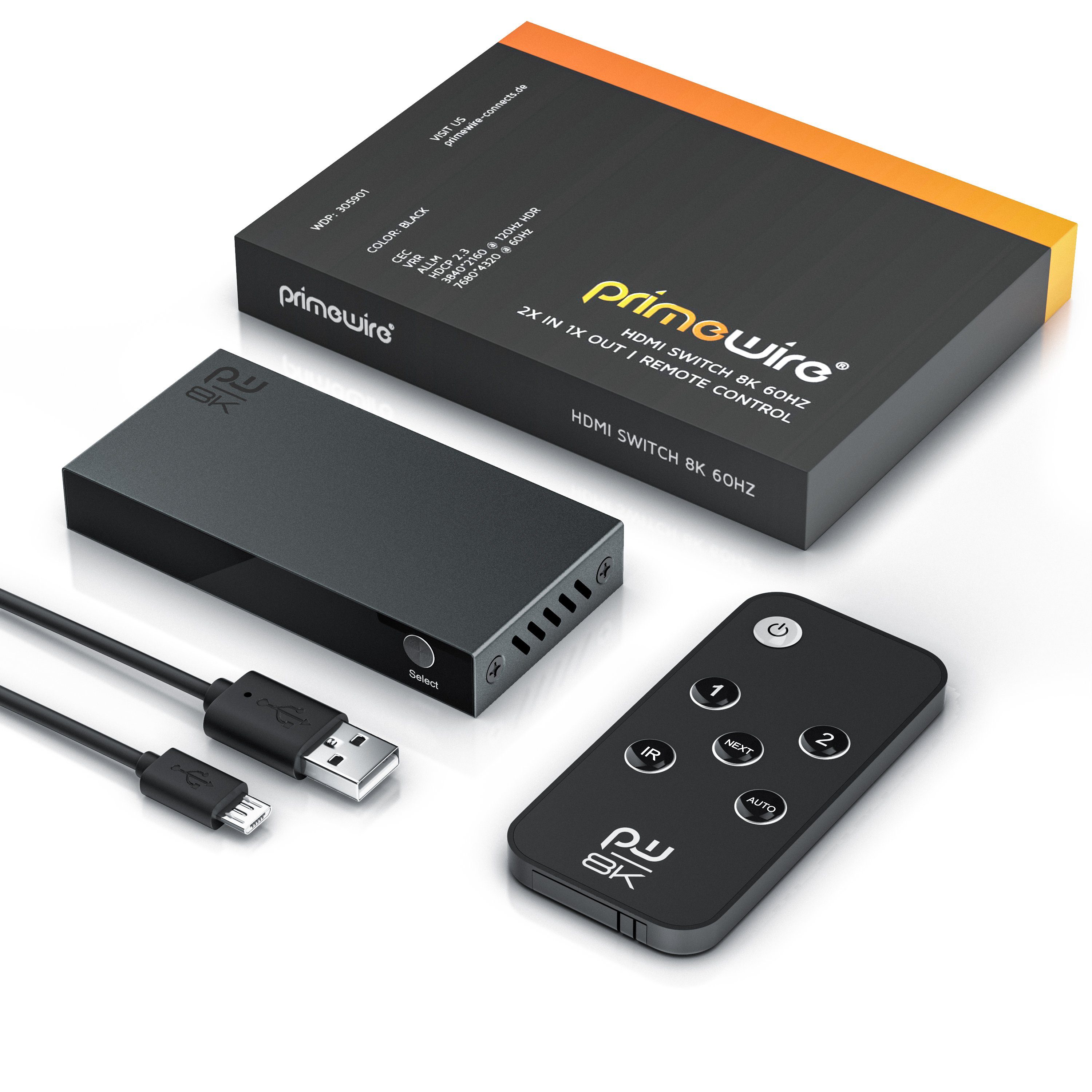 Primewire Audio / Video Matrix-Switch, 2-Port HDMI Splitter, 8K HDMI Switch 2 in 1 Out UHD, mit Fernbedienung