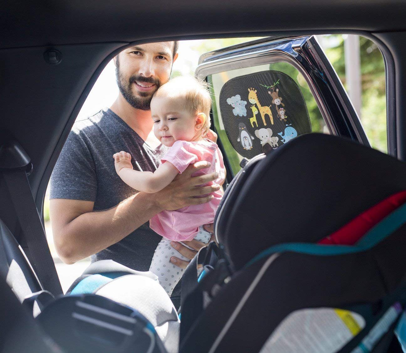 Sonnenschutz 2x Auto Sonnenblende mit 8 Saugnäpfen - Baby Tiere mit Mama, HECKBO