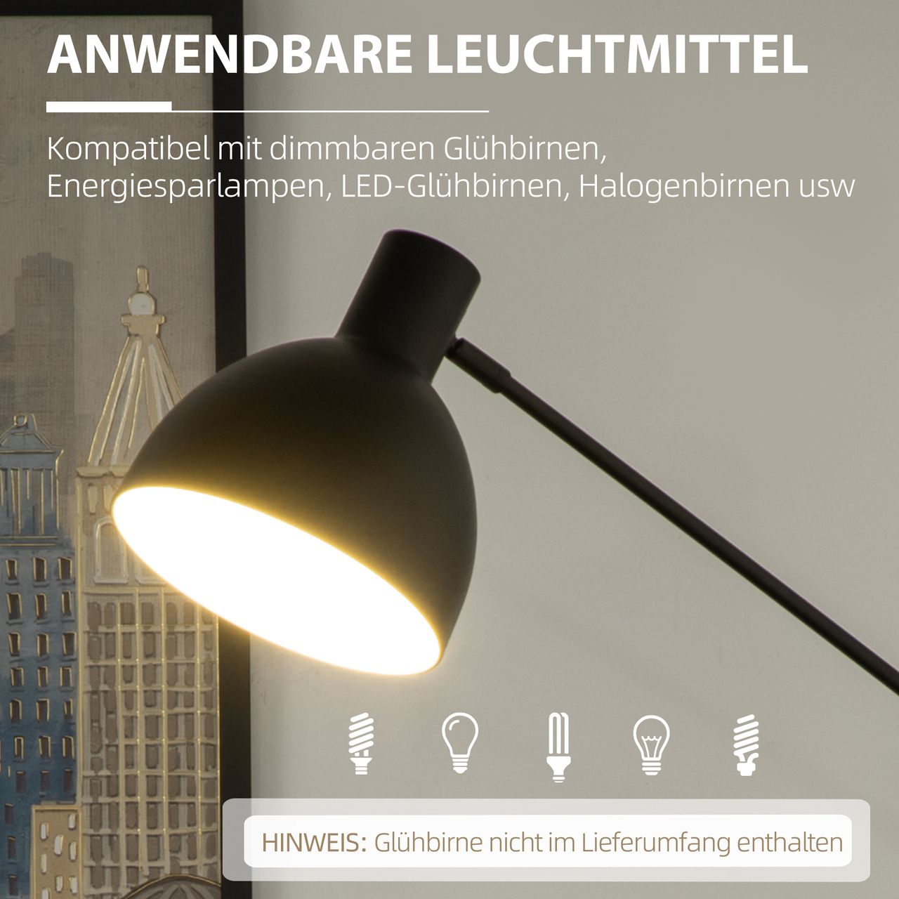 HOMCOM Stehlampe höhenverstellbar, schwenkbar Stehleuchte, 40 W Standlampe exkl. Leuchtmittel, Leselampe Bogenlampe mit E27 Sockel, für Wohnzimmer, Schlafzimmer, Schwarz