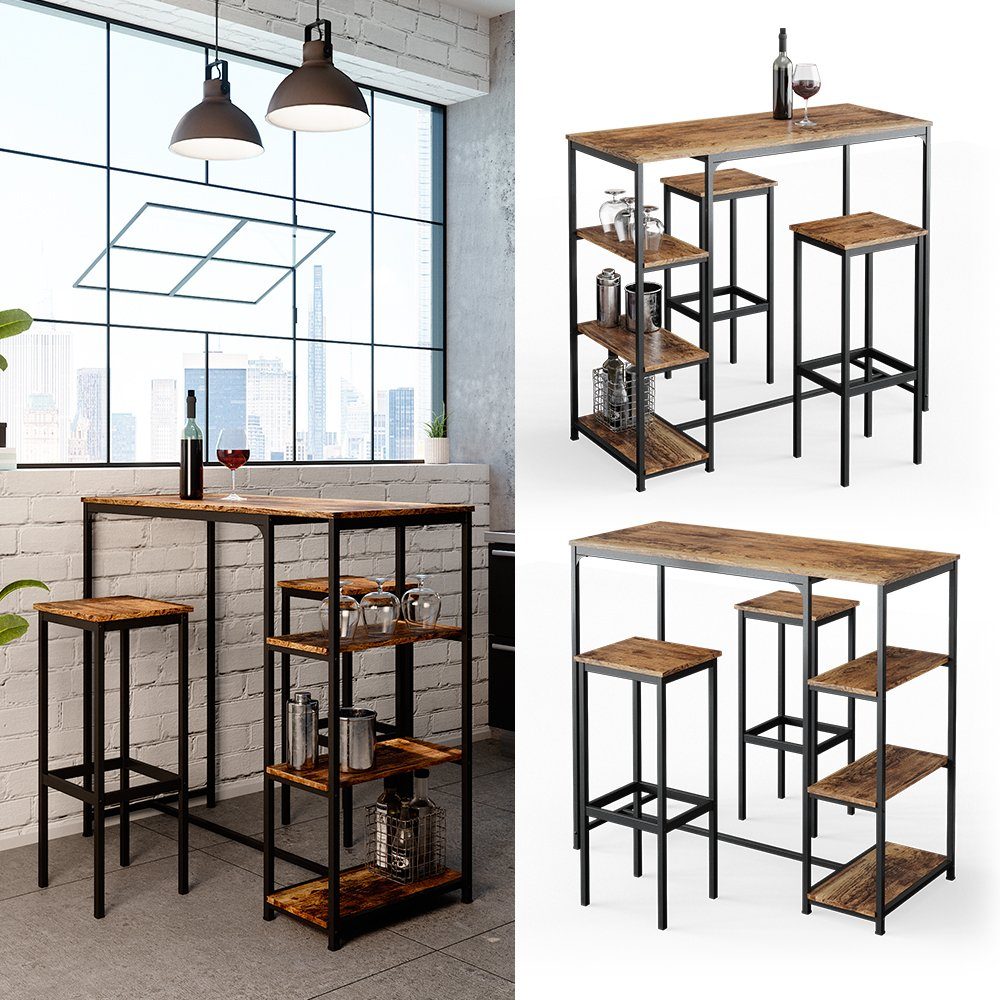 Vicco Bartisch Bistrotisch Küchentisch Fyrk 120x50cm mit 3 Ablagen inkl. Hocker