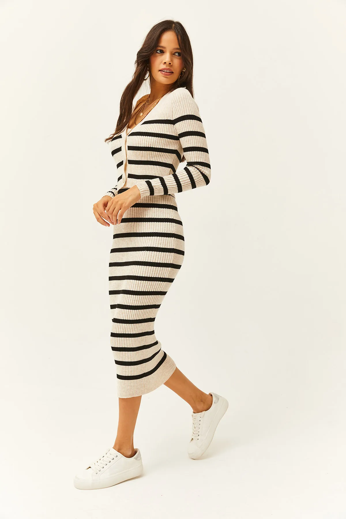 Olalook  Damen-Cardigan-Unterwäschekleid mit Steinoberteil, gestreifter Strickanzug TKM-19000244