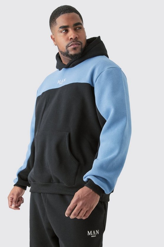 Plus Blauer Colorblock Man Roman Trainingsanzug mit Kapuze