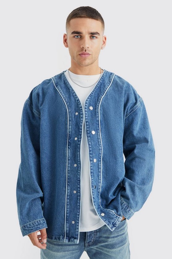 Langärmliges Denim Baseball-Hemd
