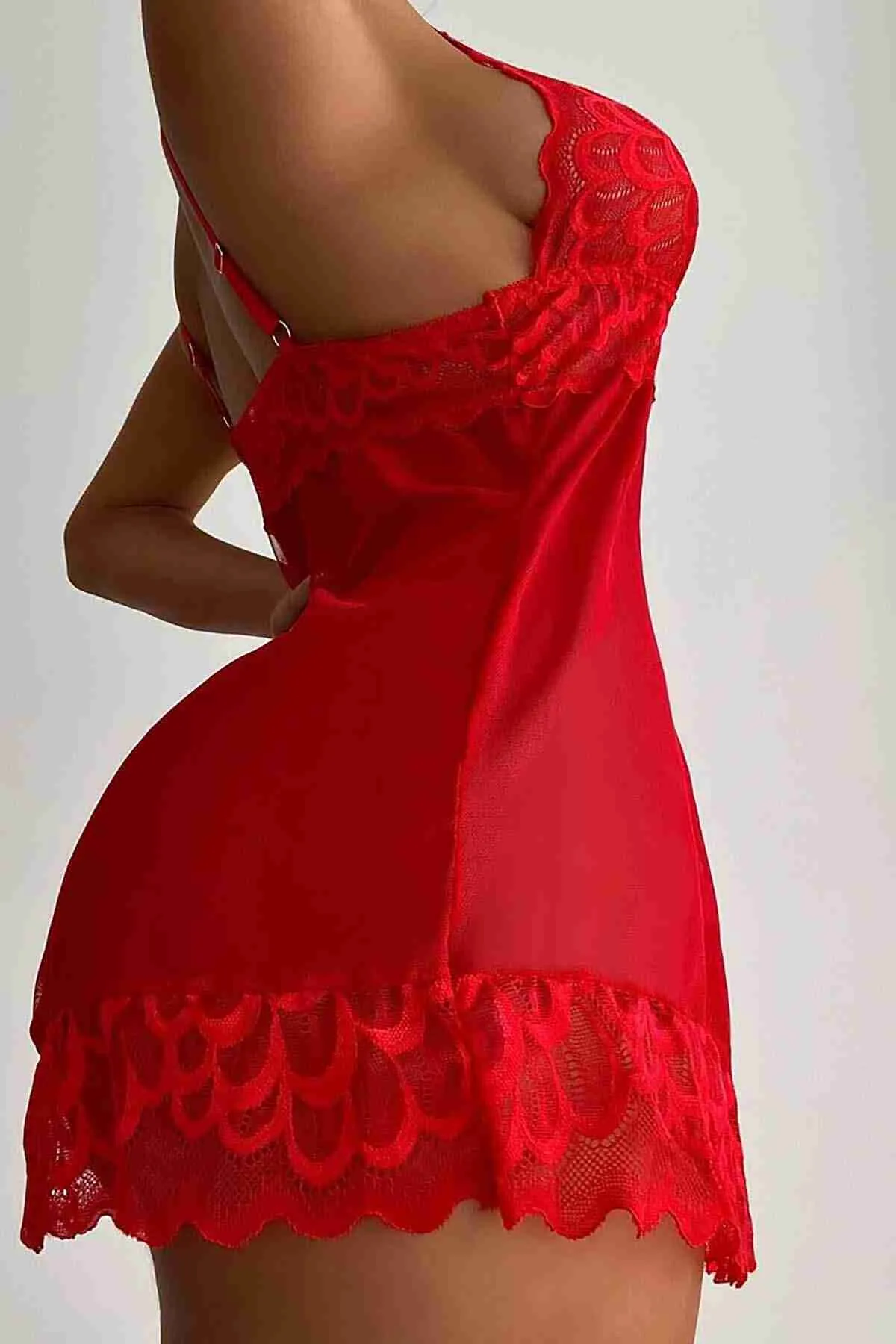 Merry See  Babydoll-Nachthemd-Set aus Spitze, Rot