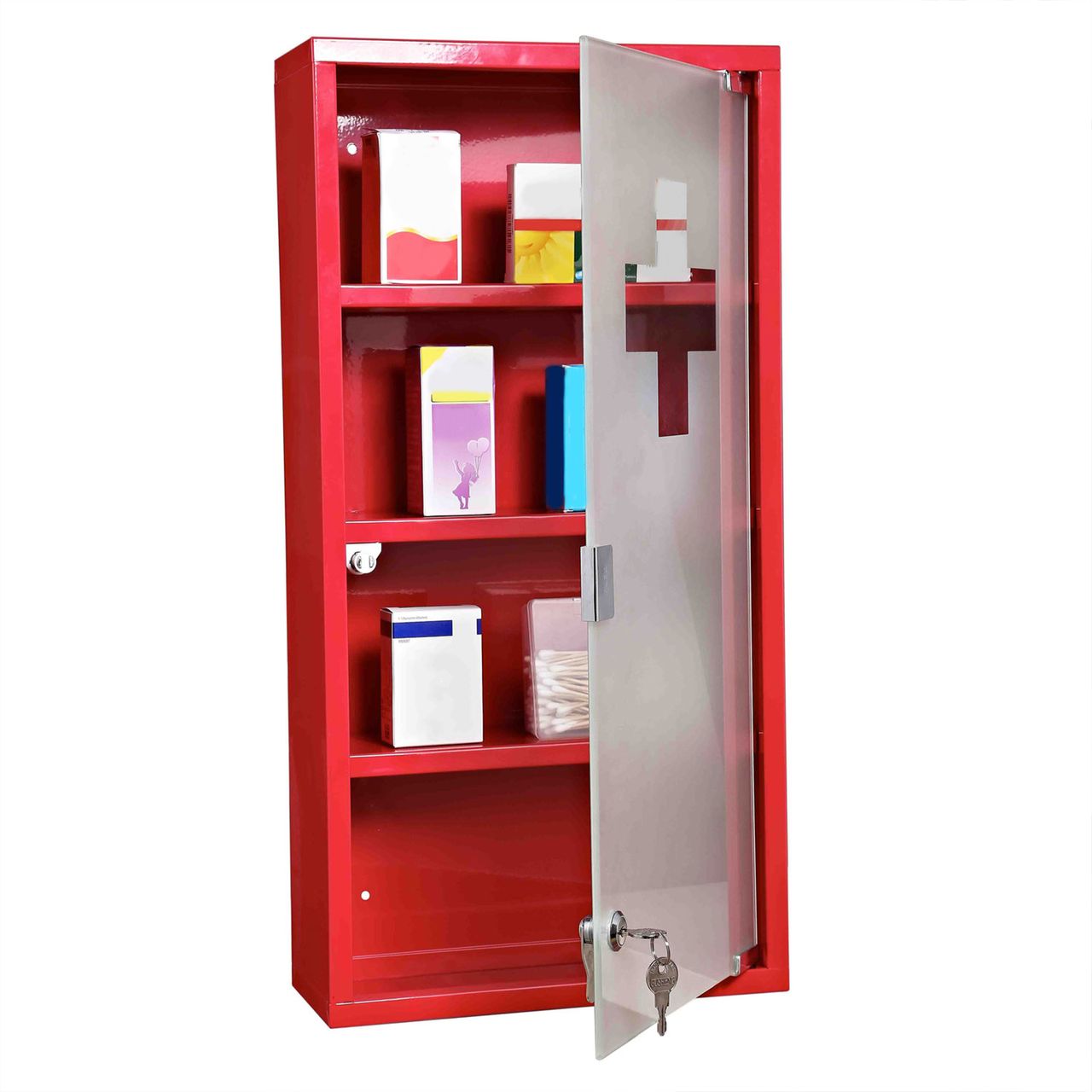 HOMCOM Medizinschrank Arzneischrank Medikamentenschrank mit 3 Ebenen Erste-Hilfe-Schrank mit Schloss Apothekerschrank mit Mattglastür Stahl Rot 27 x 57 x 12 cm