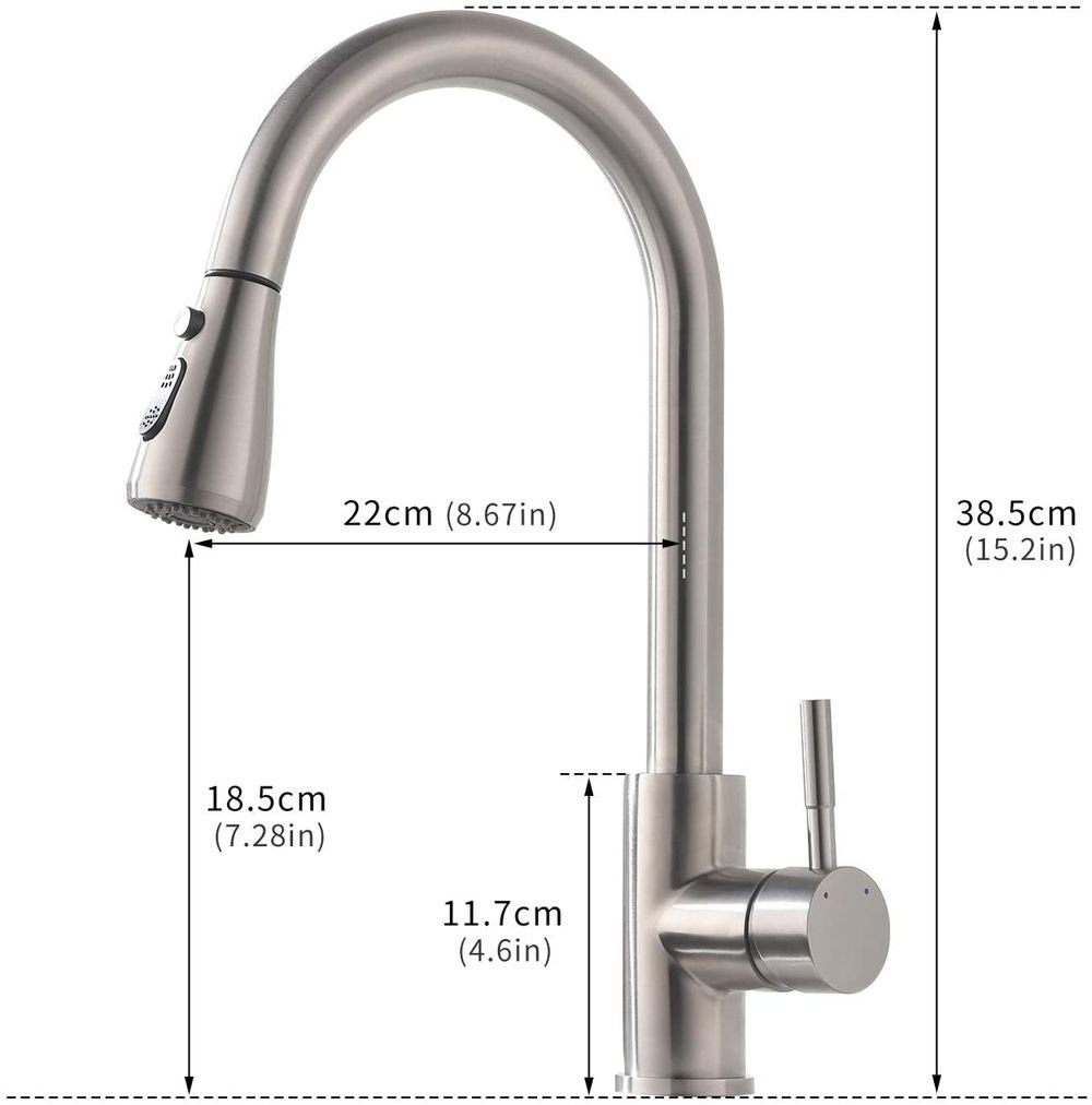 XERSEK Waschtischarmatur Hochdruck Wasserhahn Küche Ausziehbar, küchenarmatur 385mm (Hohe Bogenauslauf 360°schwenkbar, Mischbatterie küche Armatur, aus Edelstahl) 3 Strahlarten (Strahl/Sprüh/Pause)