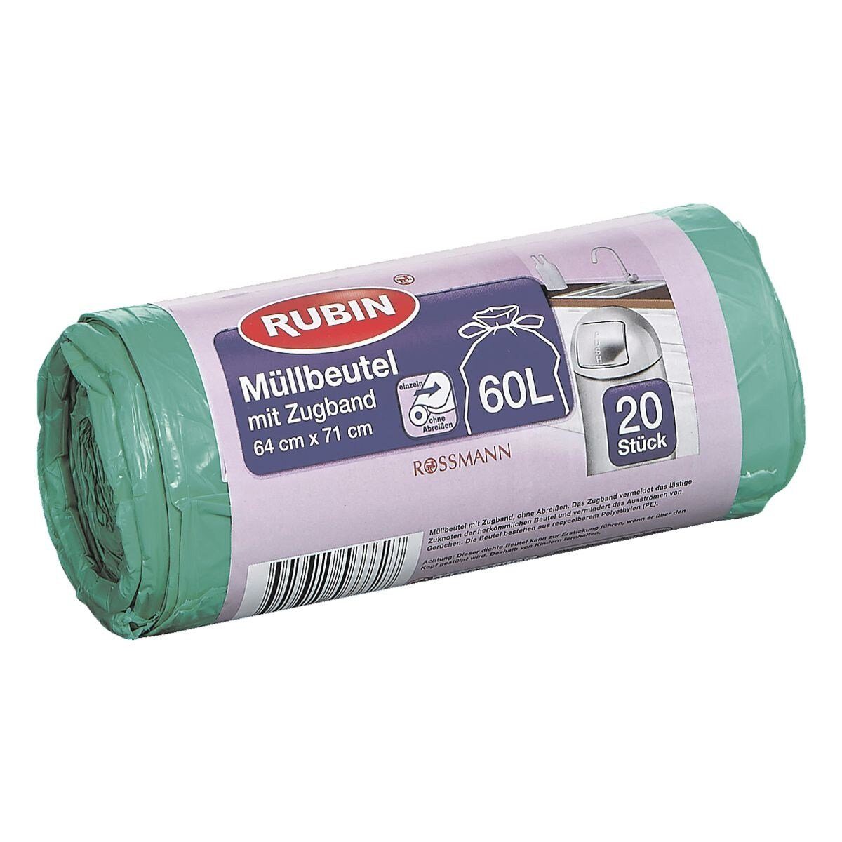 RUBIN Müllbeutel, 20 Stück/ Rolle, mit Zugband, 60 Liter, grün, reißfest, recycelbar