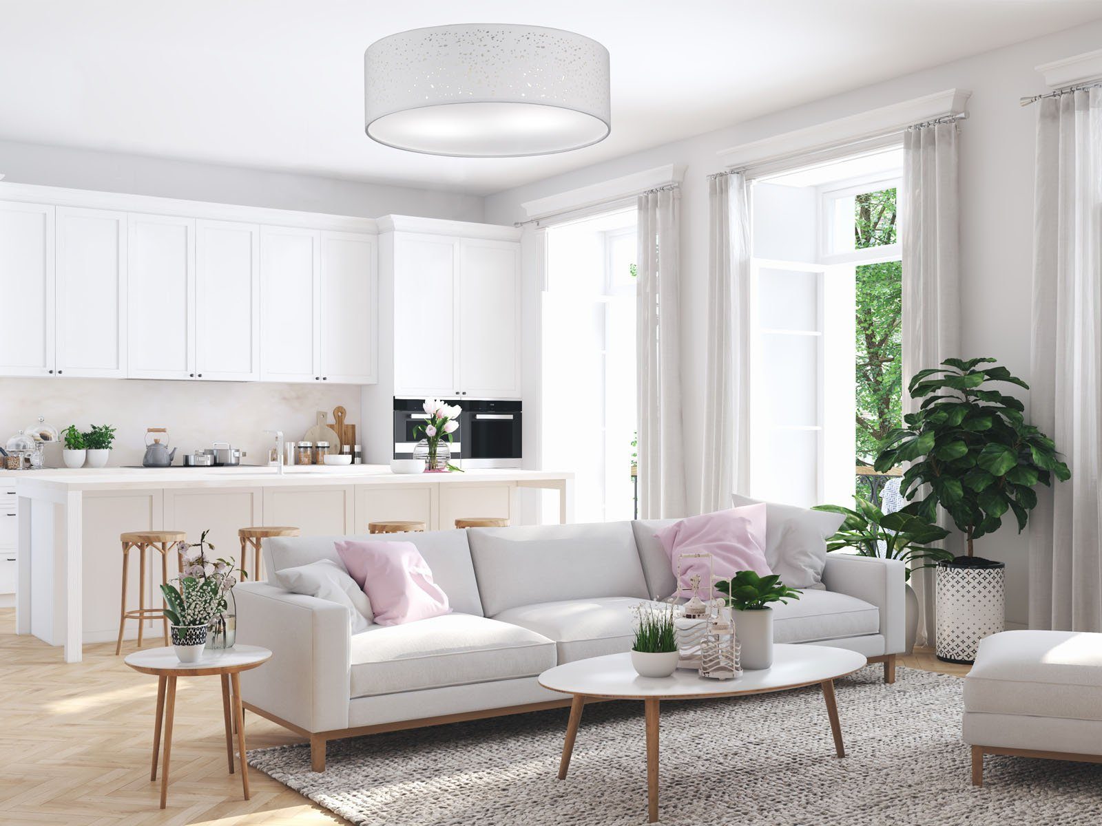 meineWunschleuchte LED Deckenleuchte, Dimmfunktion, LED wechselbar, Warmweiß, Designklassiker Stoff-Lampe Decke mit Lampenschirm Weiß flach Ø 40cm