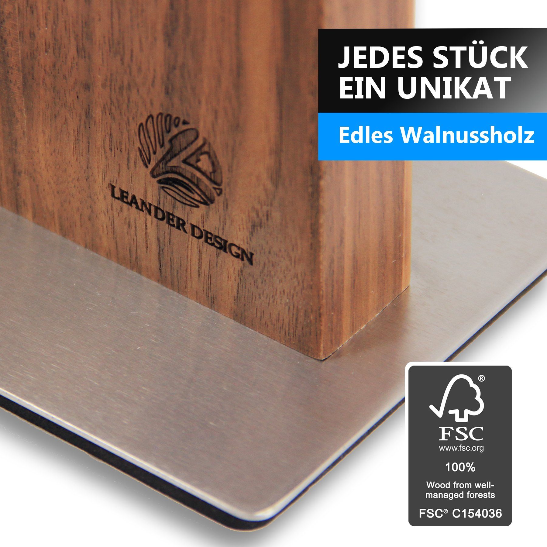 LEANDER DESIGN Magnet-Messerblock Messerblock Magnetisch ohne Messer – Messerhalter aus Walnussholz (1tlg)