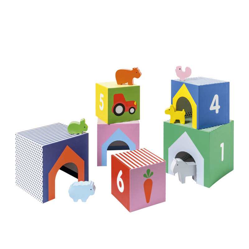 Cubes imagiers empilables et animaux en bois Oxybul