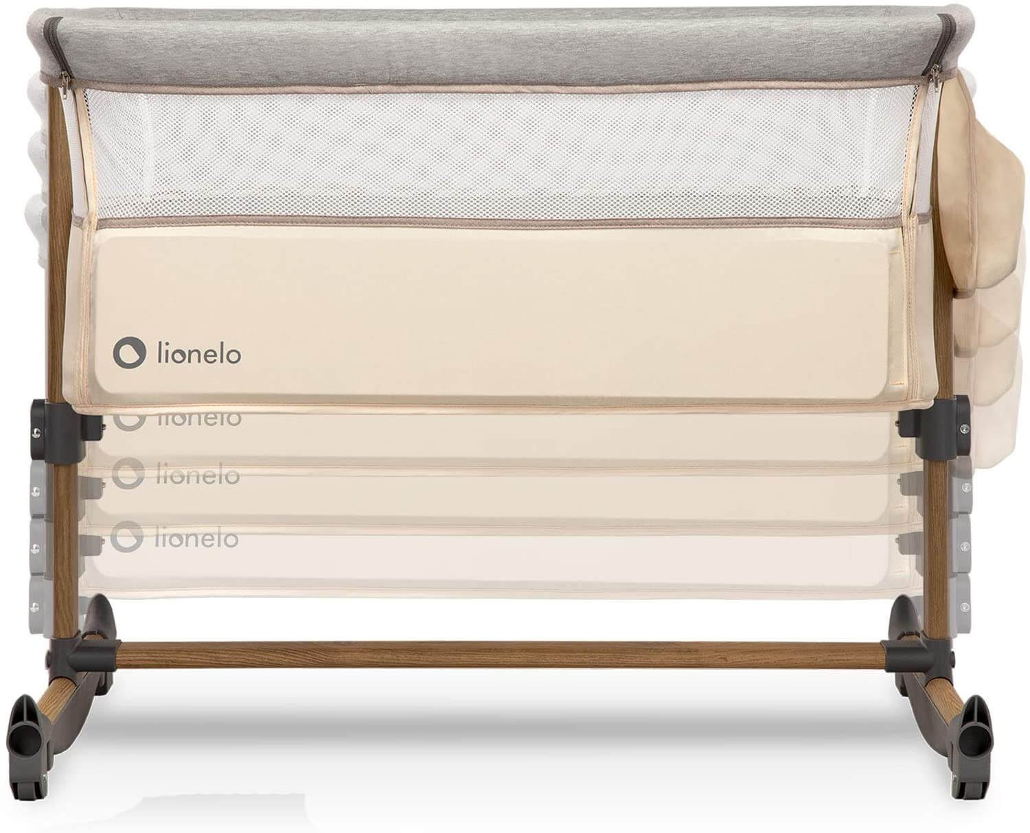 lionelo Kinderbett Leonie Beige Baby 3in1 Beistellbett Matratze Schaukelfunktion, 5-stufige Höhenverstellung, Neigungsverstellung, feststellbare Räder, Wiegefunktion durch umklappbare Beinenden