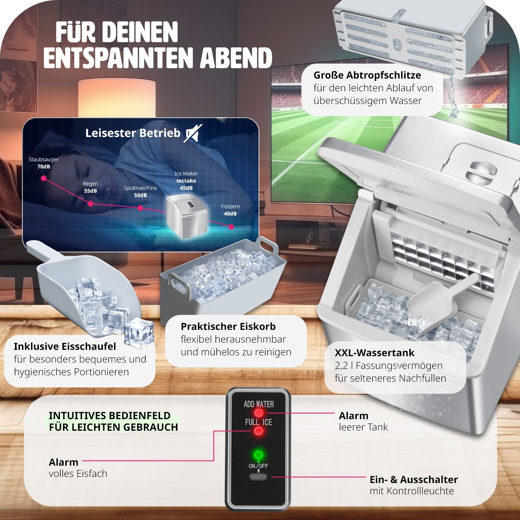 tectake Elektrischer Eiswürfelbereiter Eiswürfelmaschine für klare Eiswürfel