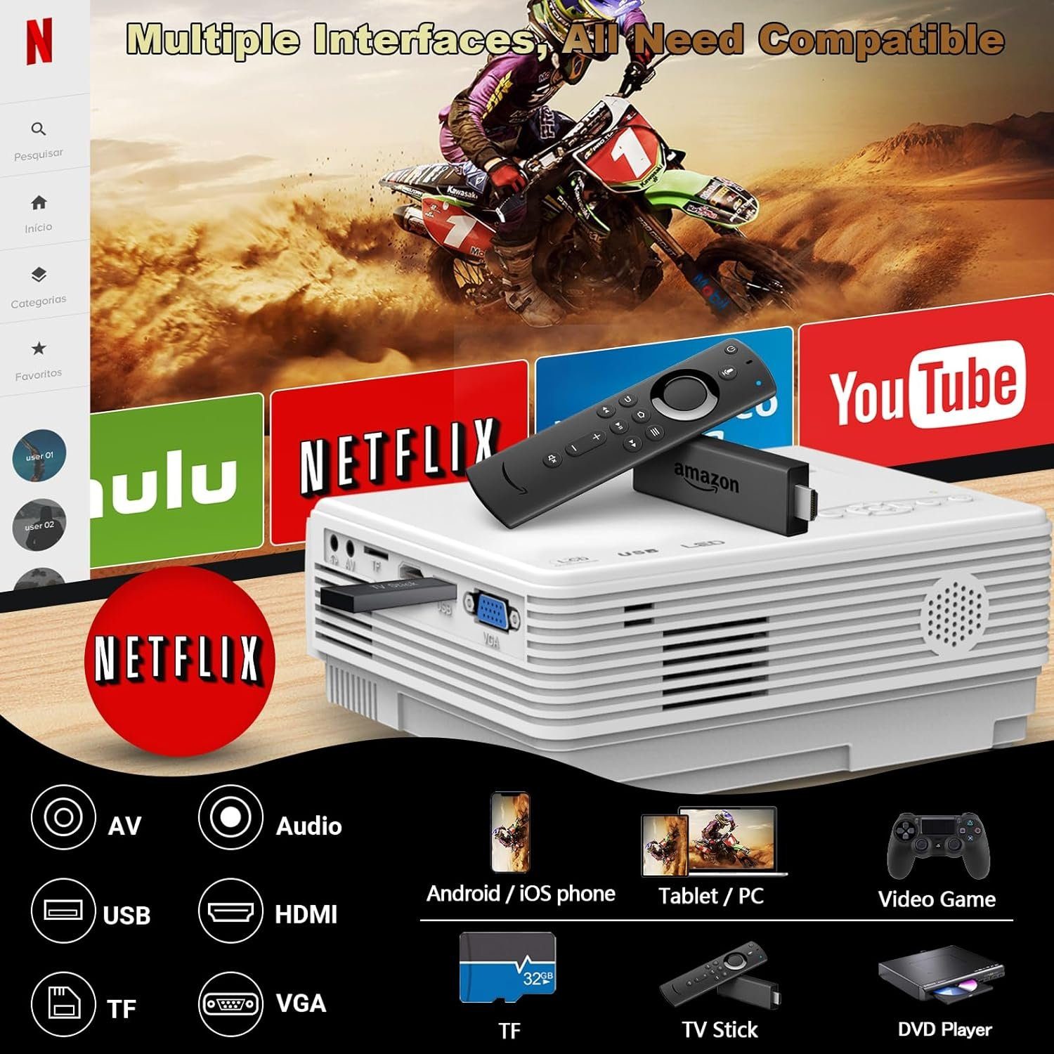 YOOYAA Native 1080P Unterstützt 5G WiFi Bluetooth Portabler Projektor (8500 lm, 8000:1, 1920 x 1080 px, Maximal 200