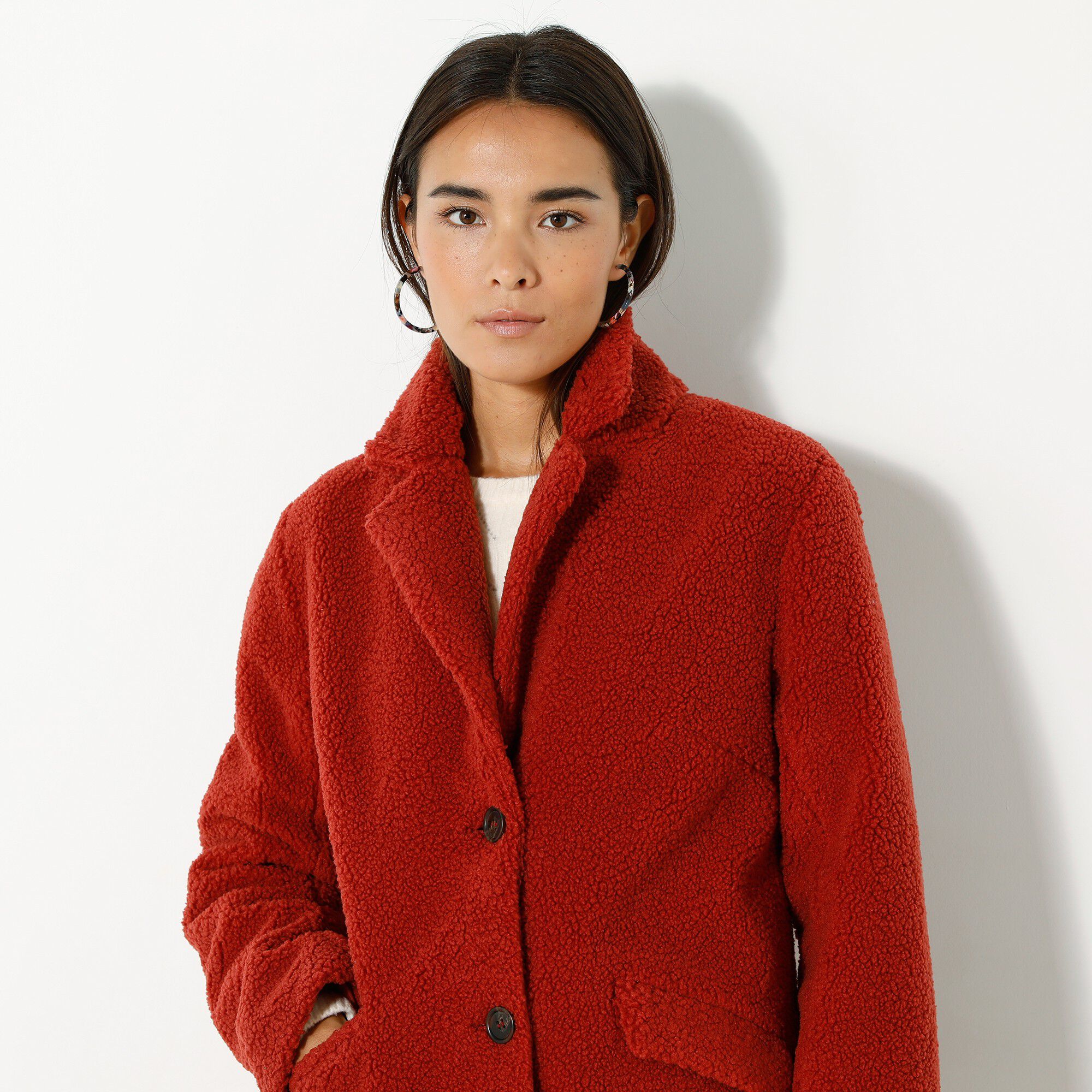 Manteau maille bouclette col tailleur