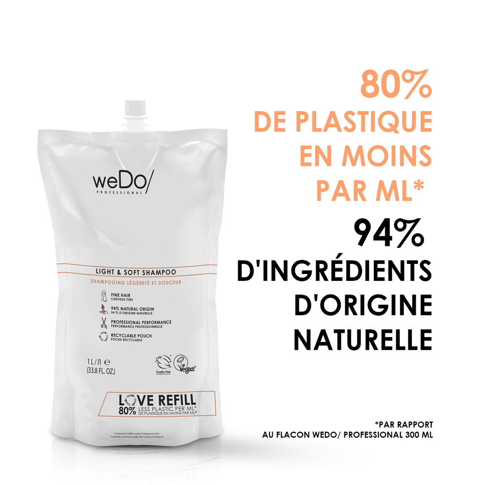 wedo Shampoing Vegan Légèreté et Douceur recharge pour cheveux fins Shampooing vegan sans sulfate sans silicone pour cheveux fins