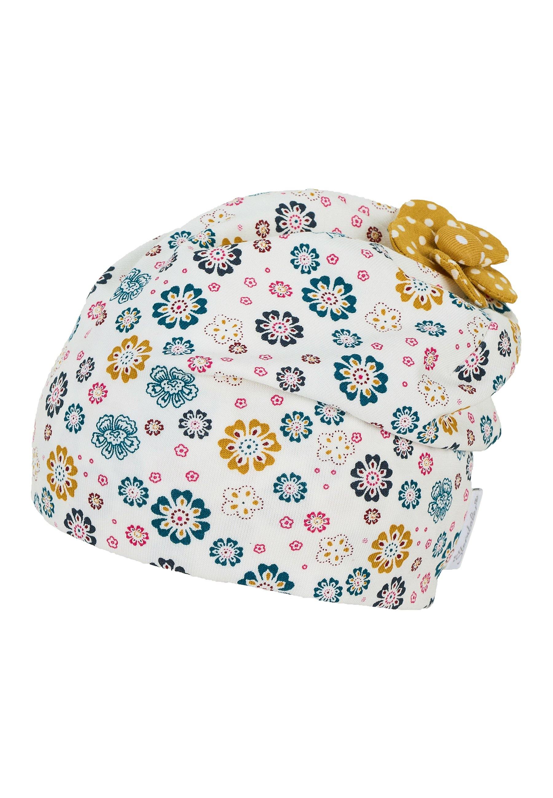 Slouch-Beanie mit Blumenprint in Hellblau und Ecru