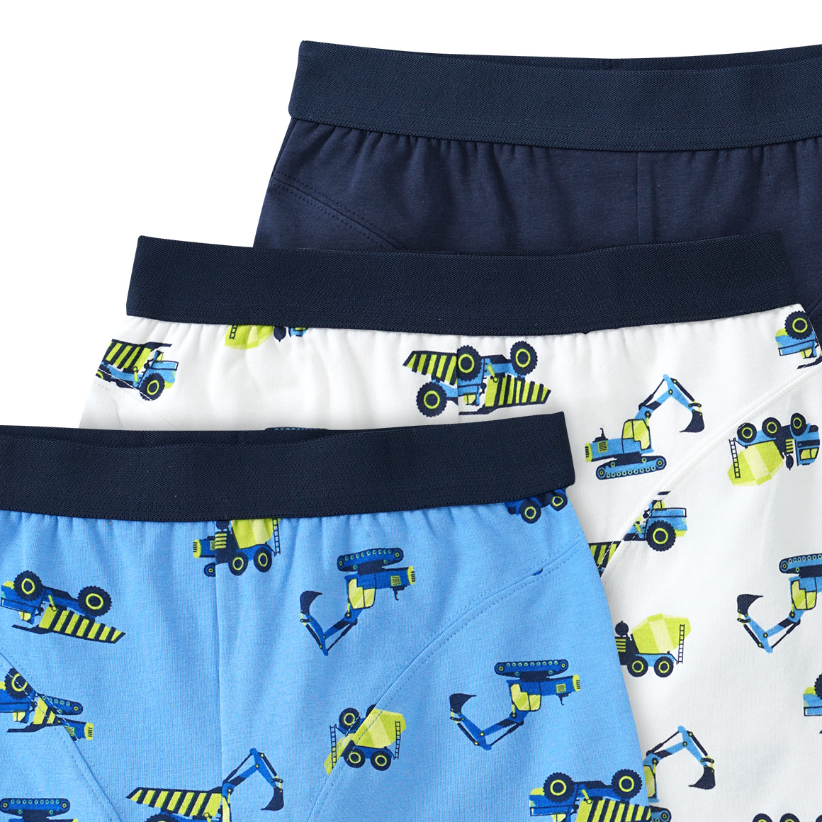 3 Jungen Boxer mit Baustellenfahrzeugen