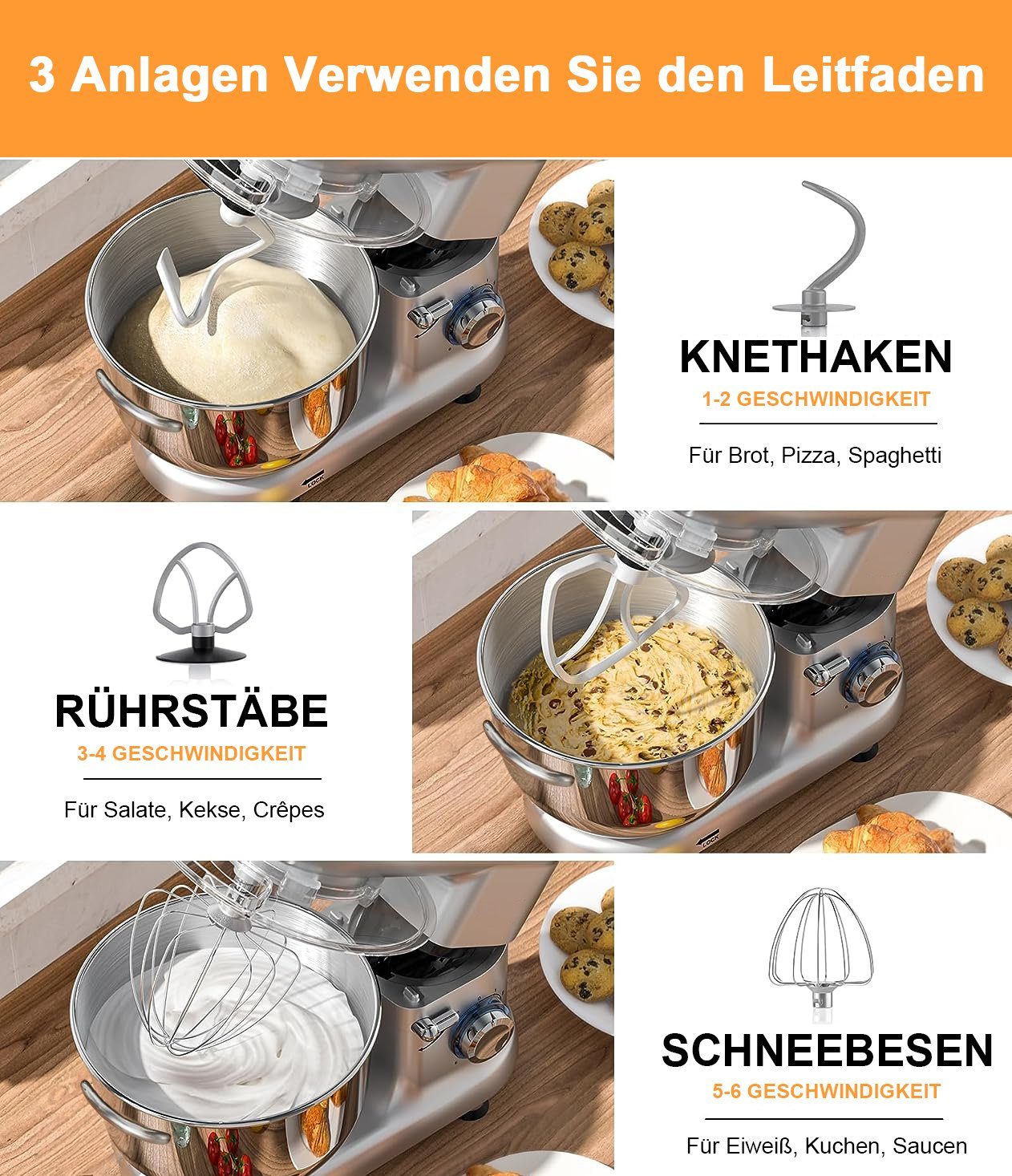 Mutoy Küchenmaschine Knetmaschine, 1400,00 W, 6,00 l Schüssel, 6 Geschwindigkeiten Geräuscharme Teigknetmaschine
