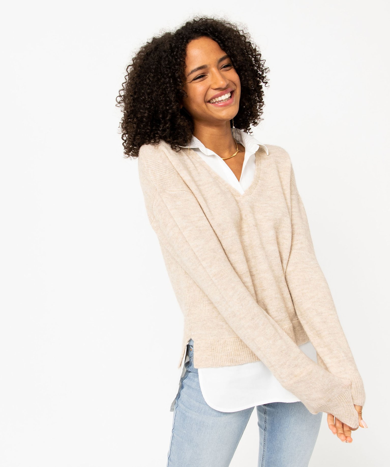 Pull 2 en 1 avec chemise femme beige | GEMO