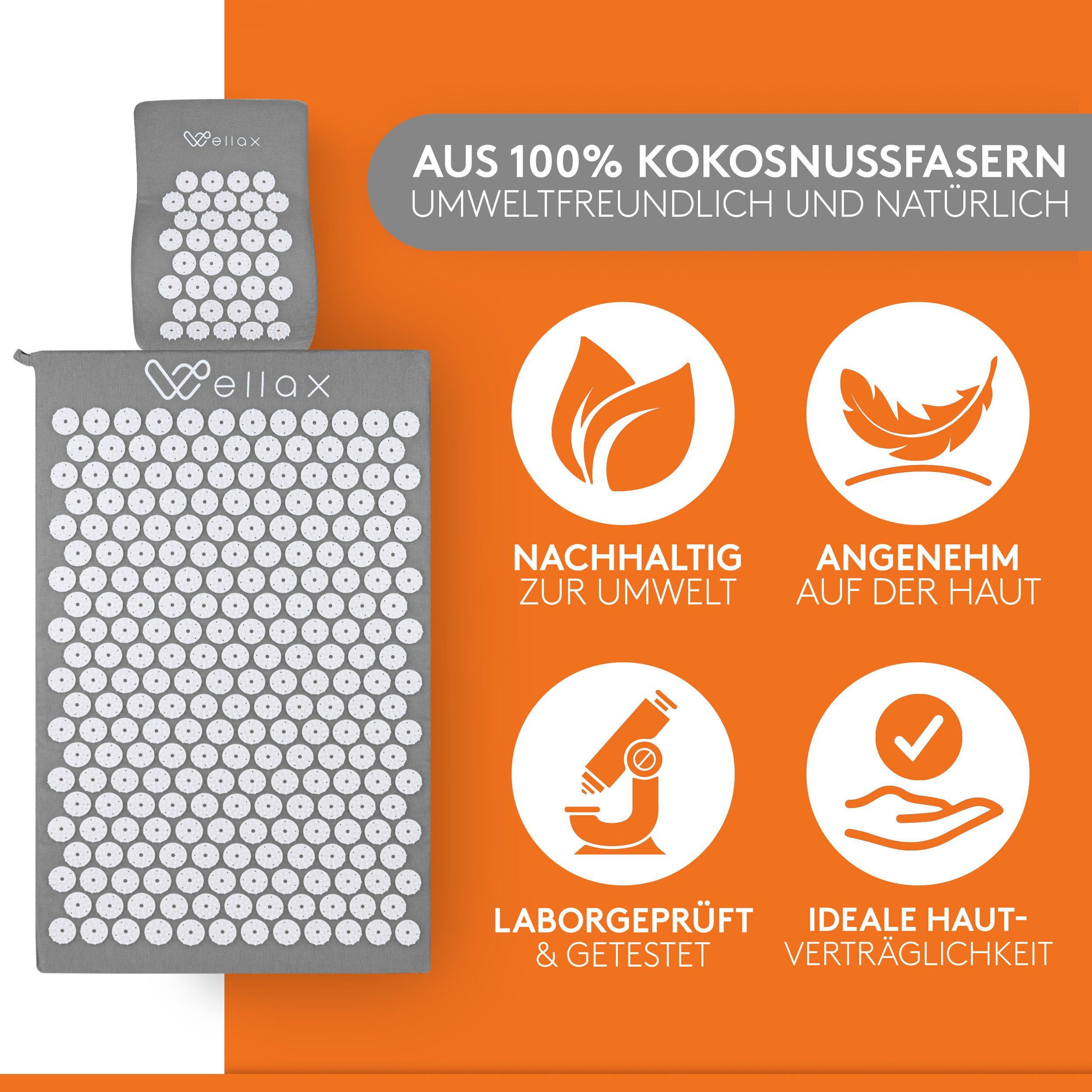 Wellax Akupressurmatte Akupressurmatte mit Kissen - Gefüllt mit 100% Kokosfasern
