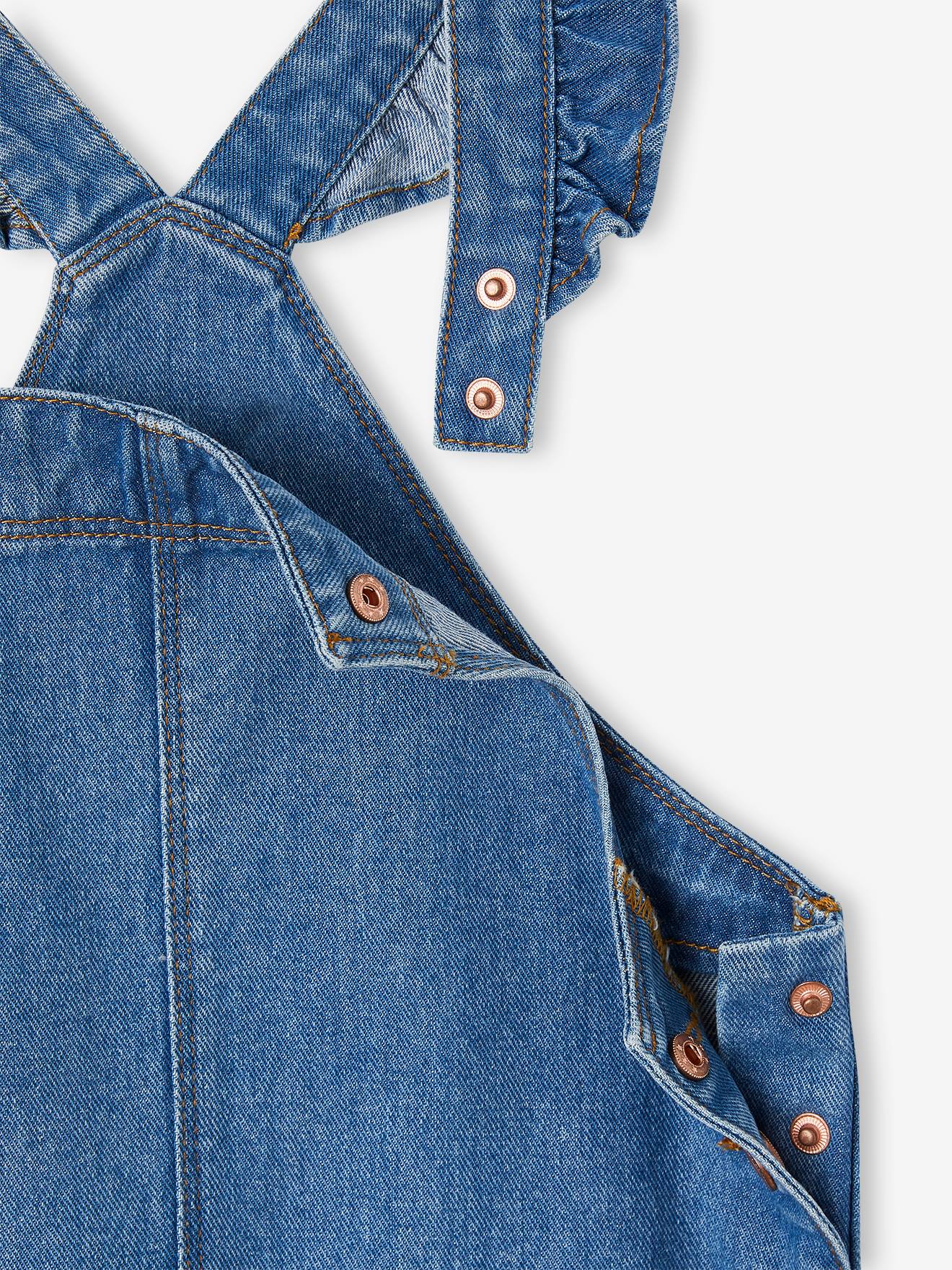 Robe salopette en jean bretelles volantées fille stone