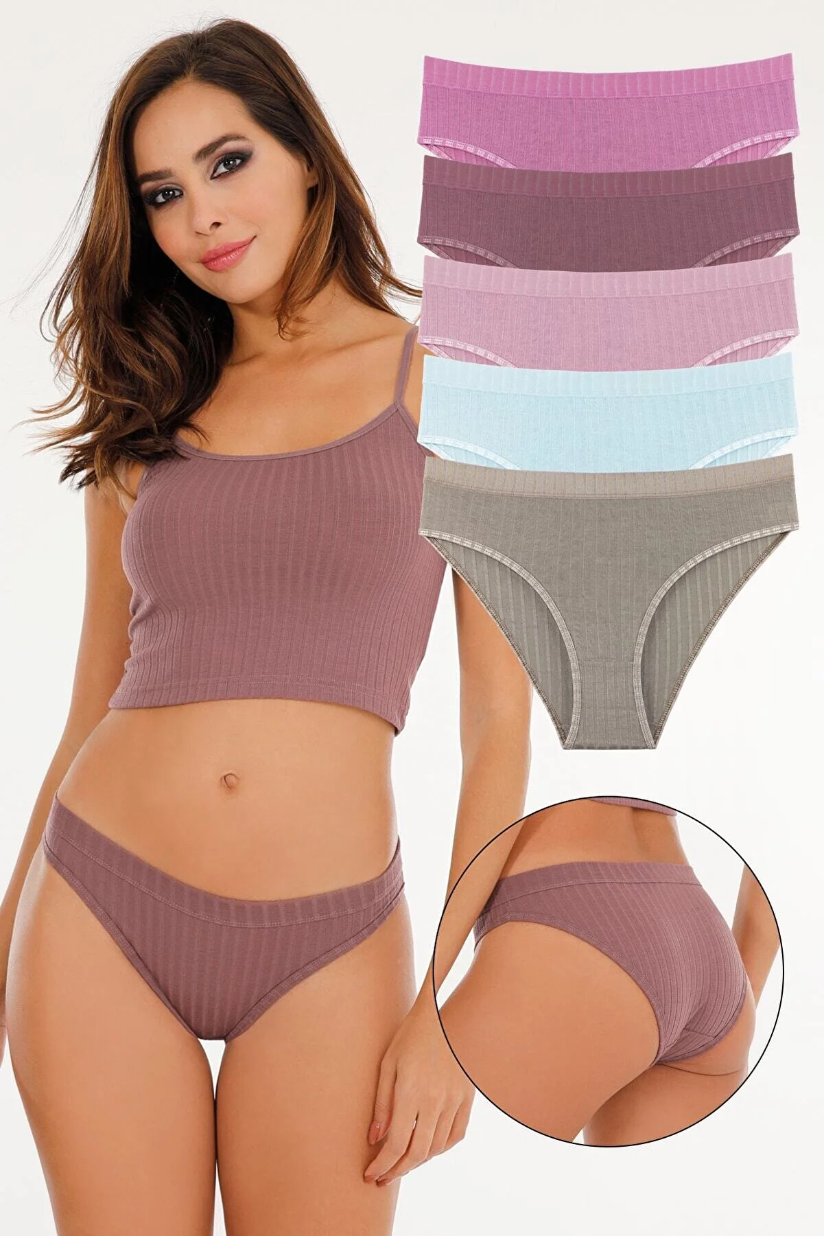 Sensu  5-teiliges Slip-Slip-Set für Damen mit Kordel und weichen Farben – Kts3053