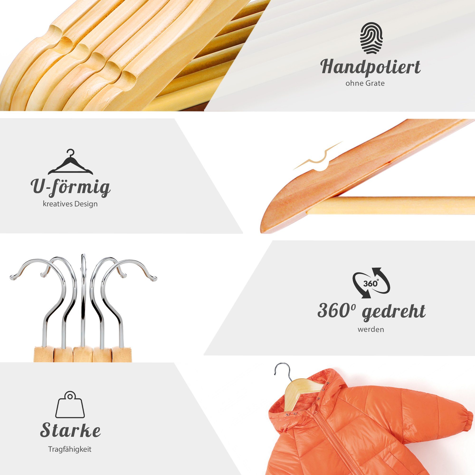 Homewit Kleiderbügel Baby Kinderkleiderbügel aus Holz mit Hosensteg und 8 Kleidungsteiler, (Set, 20-tlg), Mit 360° drehbarer Haken und Einschnitt für Baby & Kinderkleidung