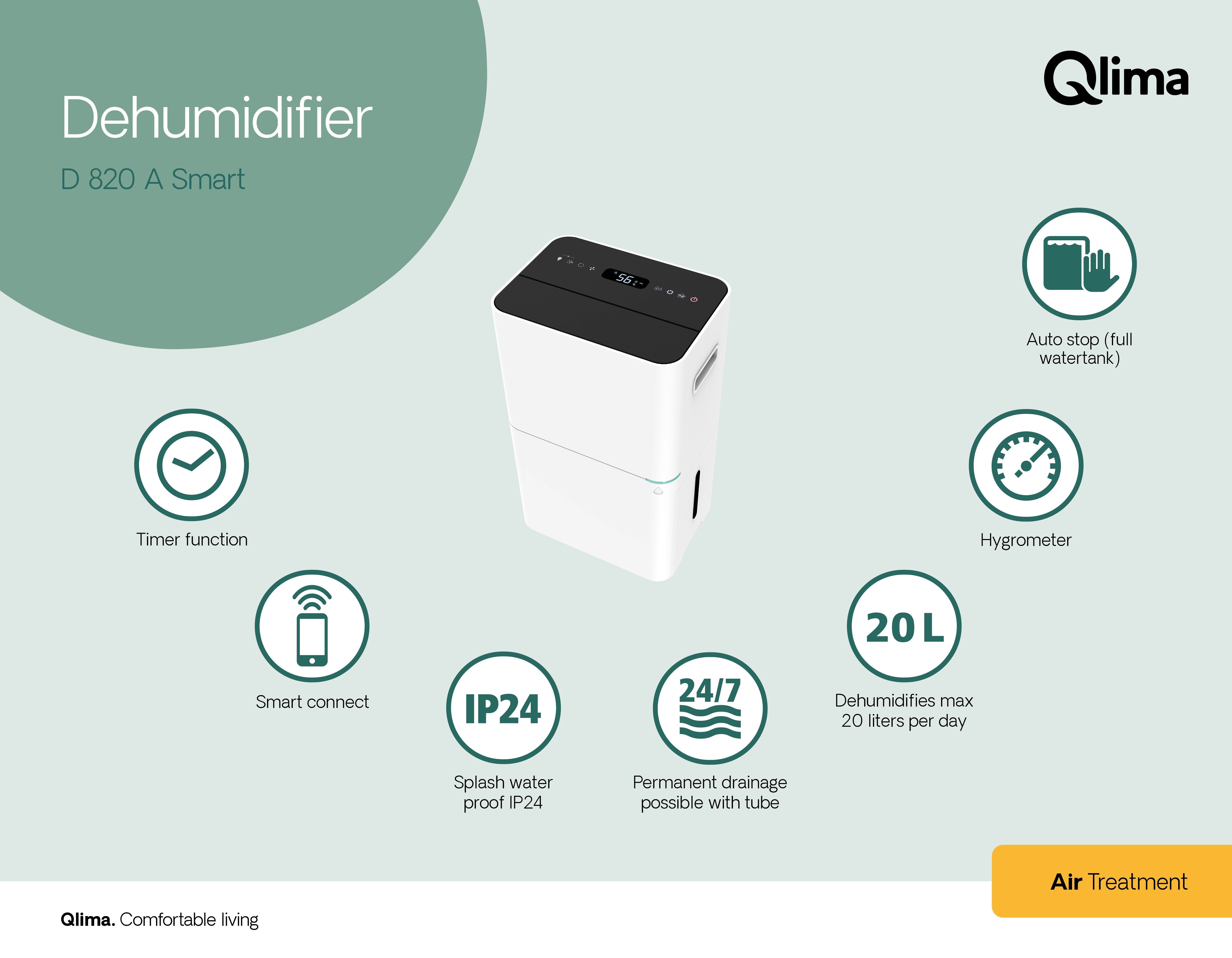 Qlima Luftentfeuchter Qlima – Luftentfeuchter D820 A Smart – Entfeuchtet 12L pro Tag – Weiß