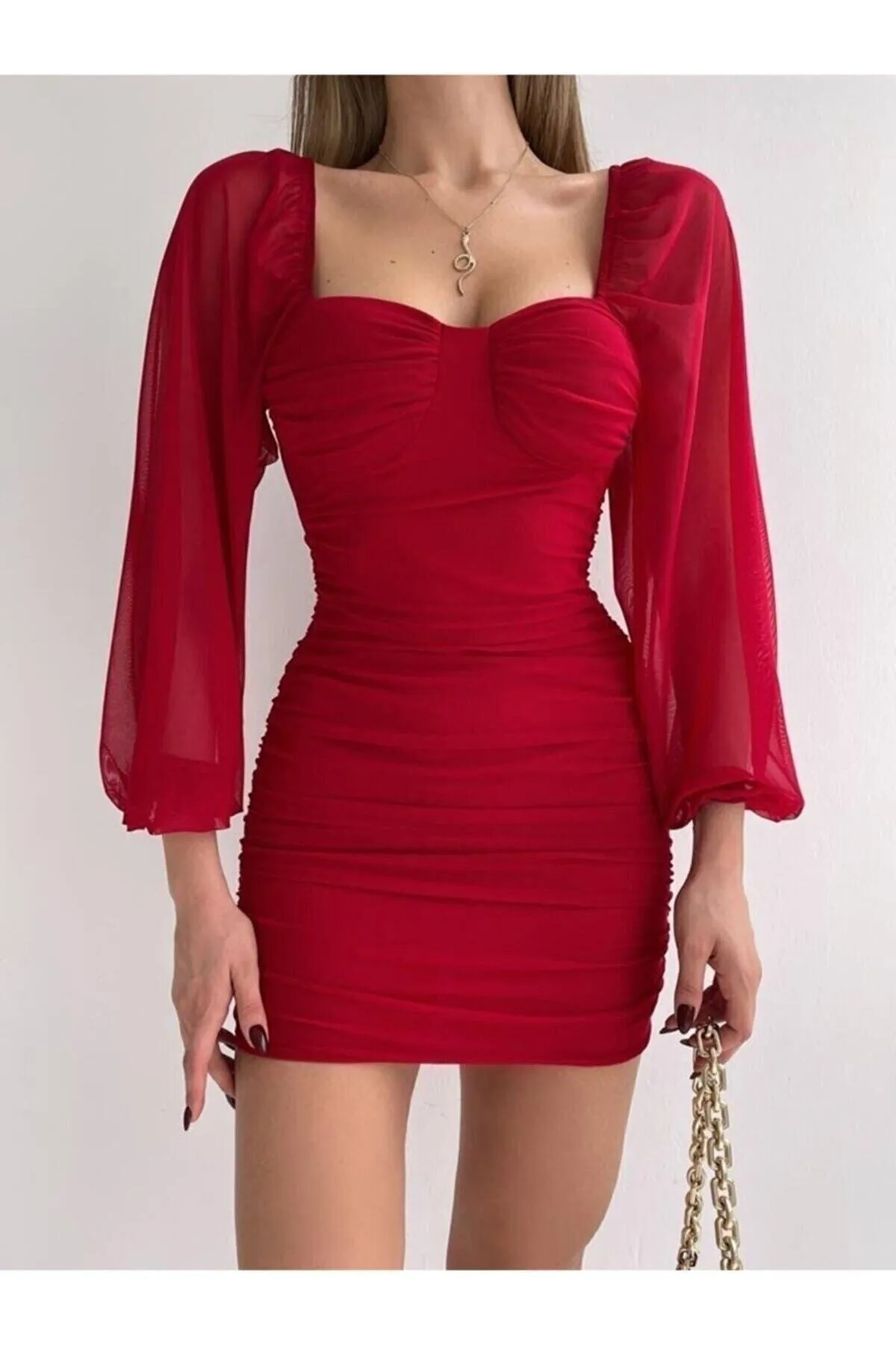 Afiş Butik  Rotes, detailliertes, drapiertes Kleid mit langen Tüllärmeln