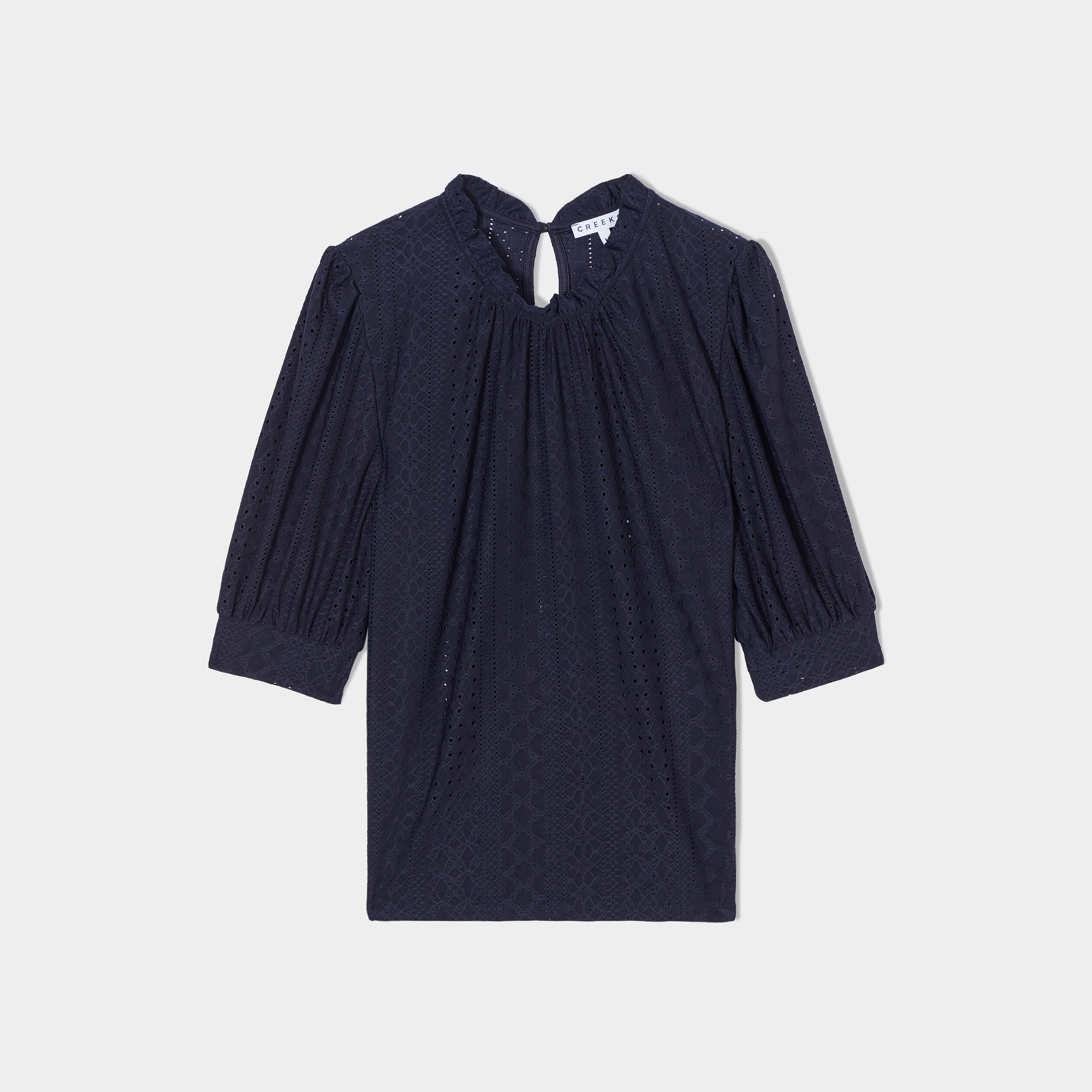 T-shirt brodé col montant manches 3 4 bleu marine femme | La Halle