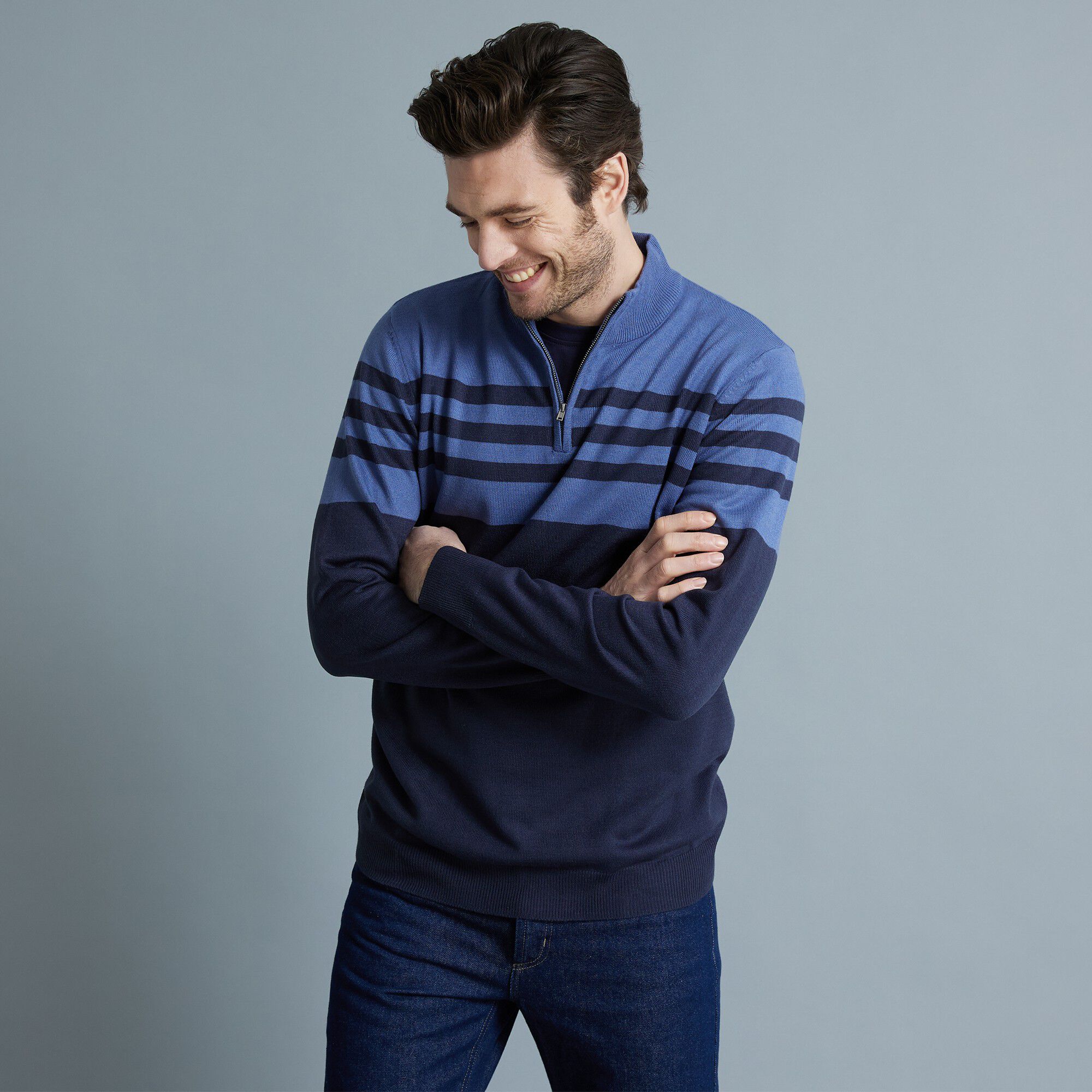 Pull rayé col montant zippé toucher cachemire