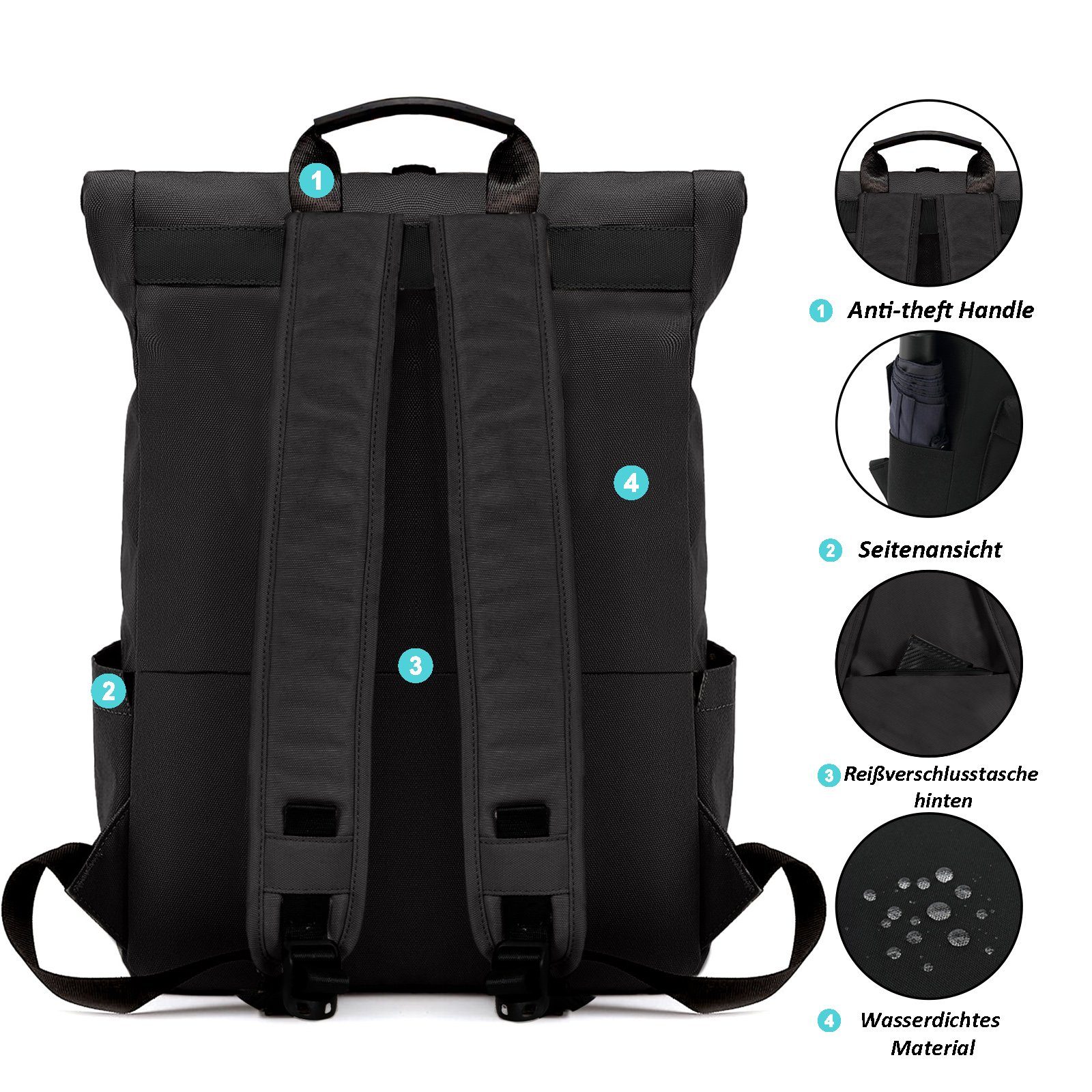 TAN.TOMI Cityrucksack Rucksack Damen Herren Tagesrucksack mit Laptopfach, Modern Rolltop Rucksack Daypack, Wasserdichter