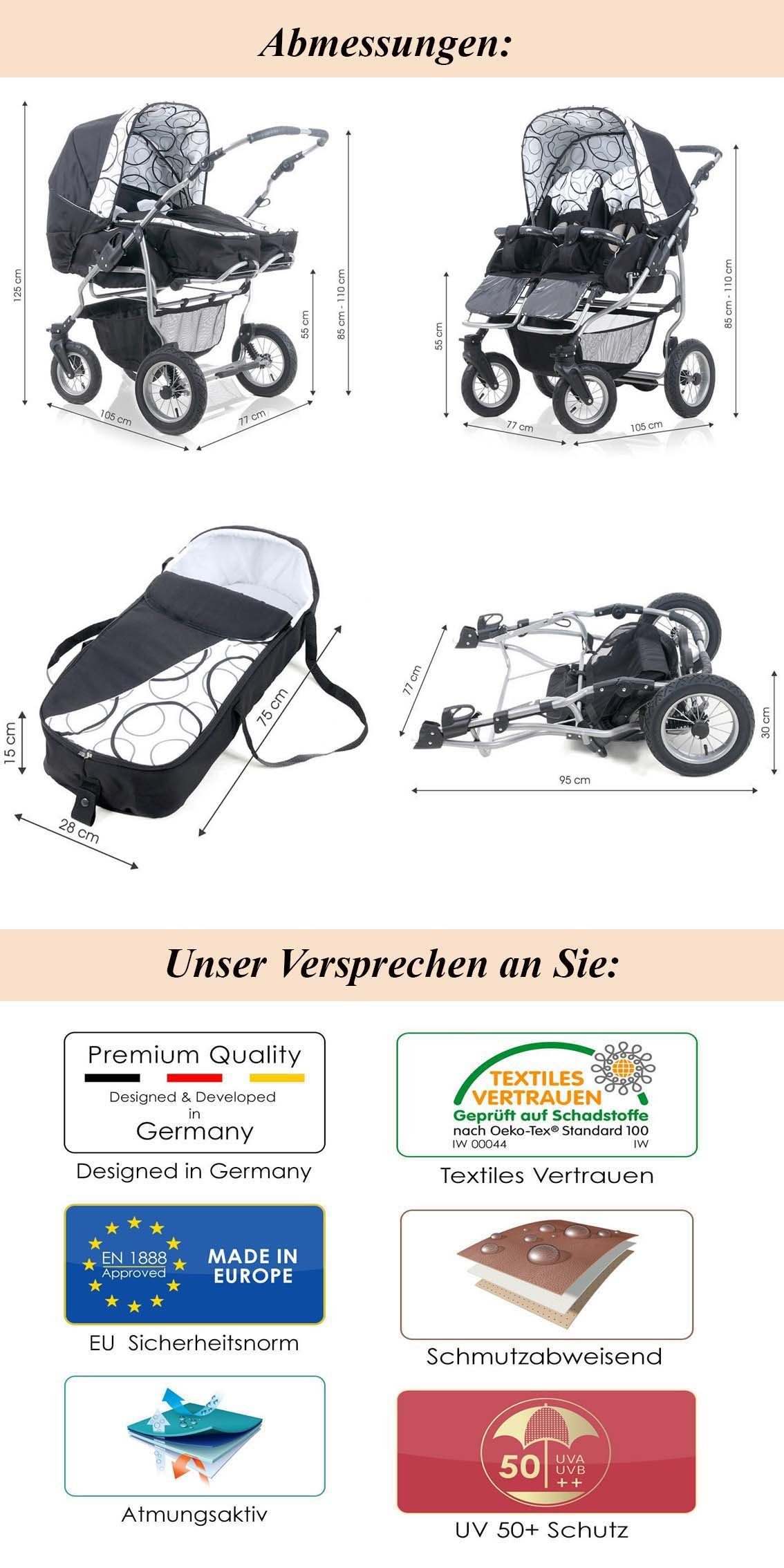 Elcar Zwillings-Kombikinderwagen Zwillingskinderwagen 2 in 1 Duet - 14 Teile - in 20 Farben